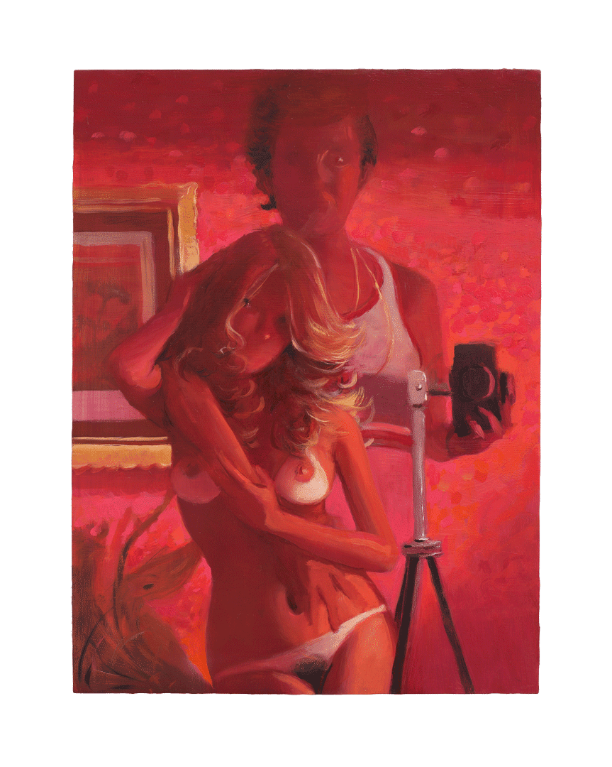 A painting by Lisa Yuskavage, titled Red Photo Shoot, dated 2020.