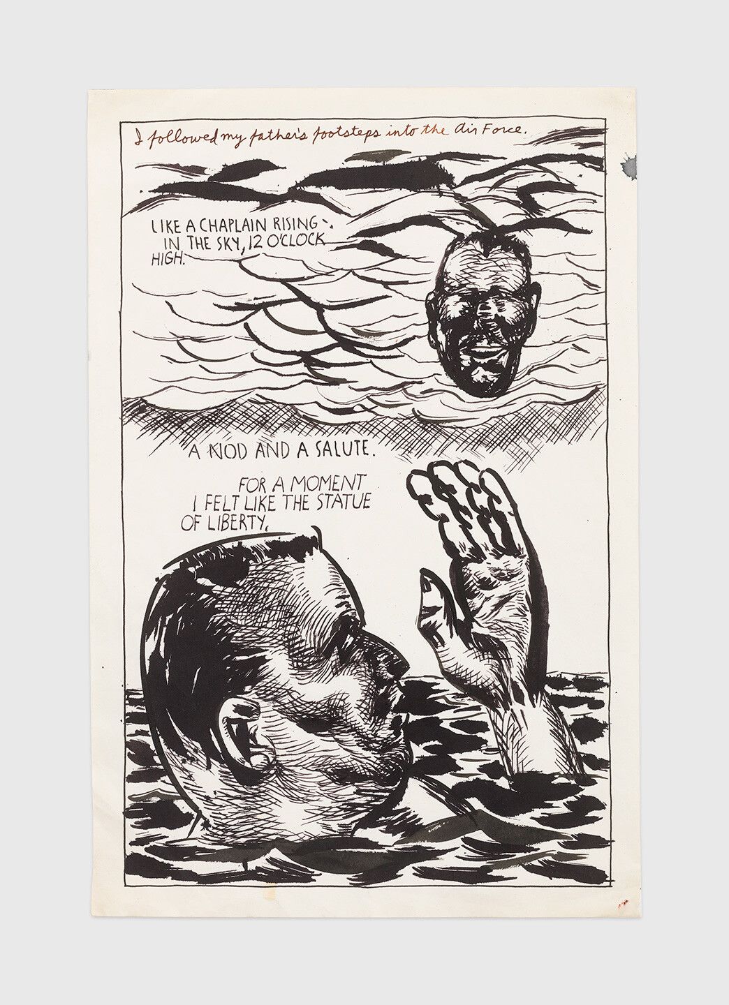 An ink drawing by Raymond Pettibon titled No Title (I followed my...), dated 1992