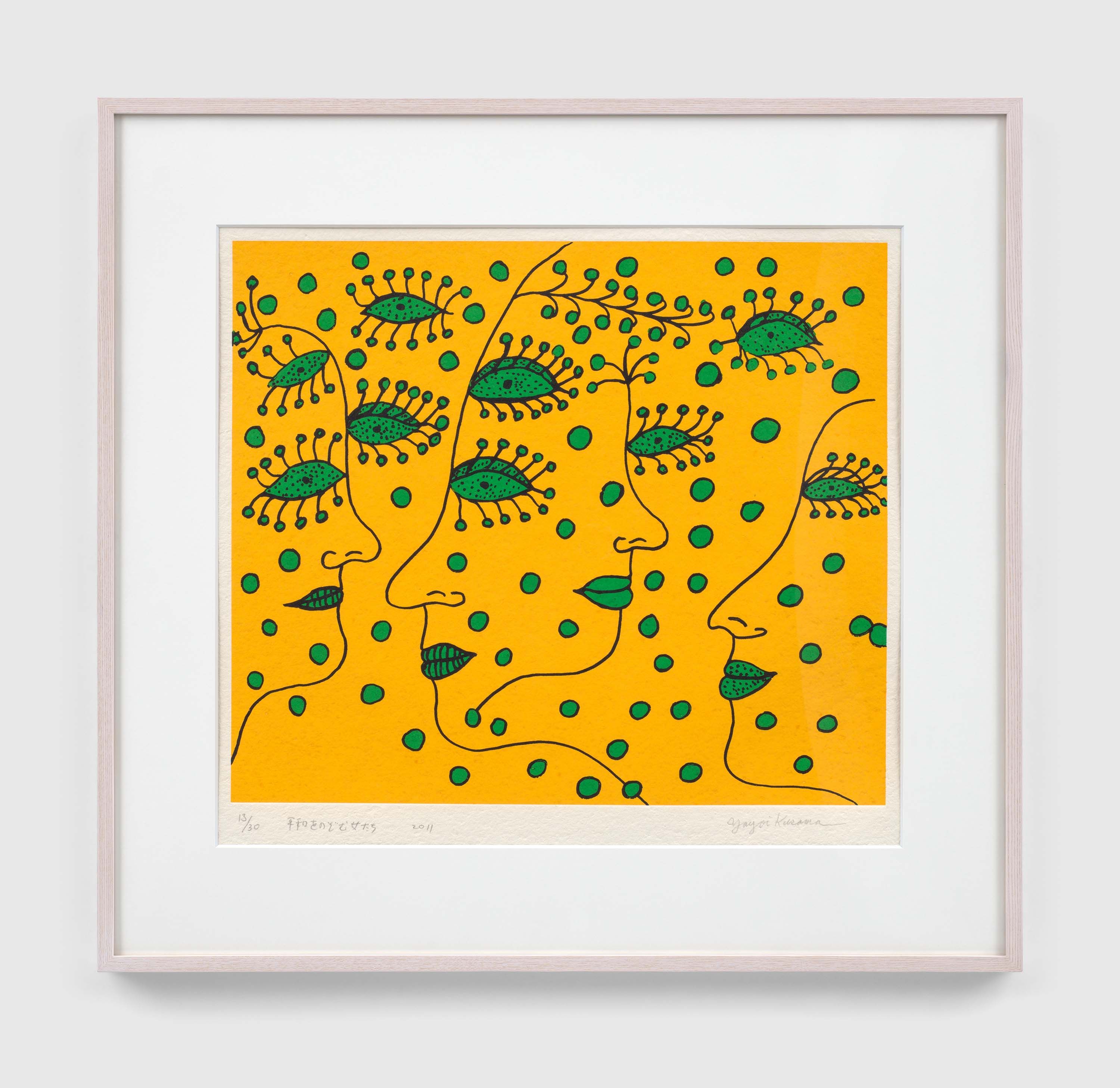 A silkscreen print and etching Moulin de Larroque paper by Yayoi Kusama, titled Women Wishing for Peace, dated 2011.