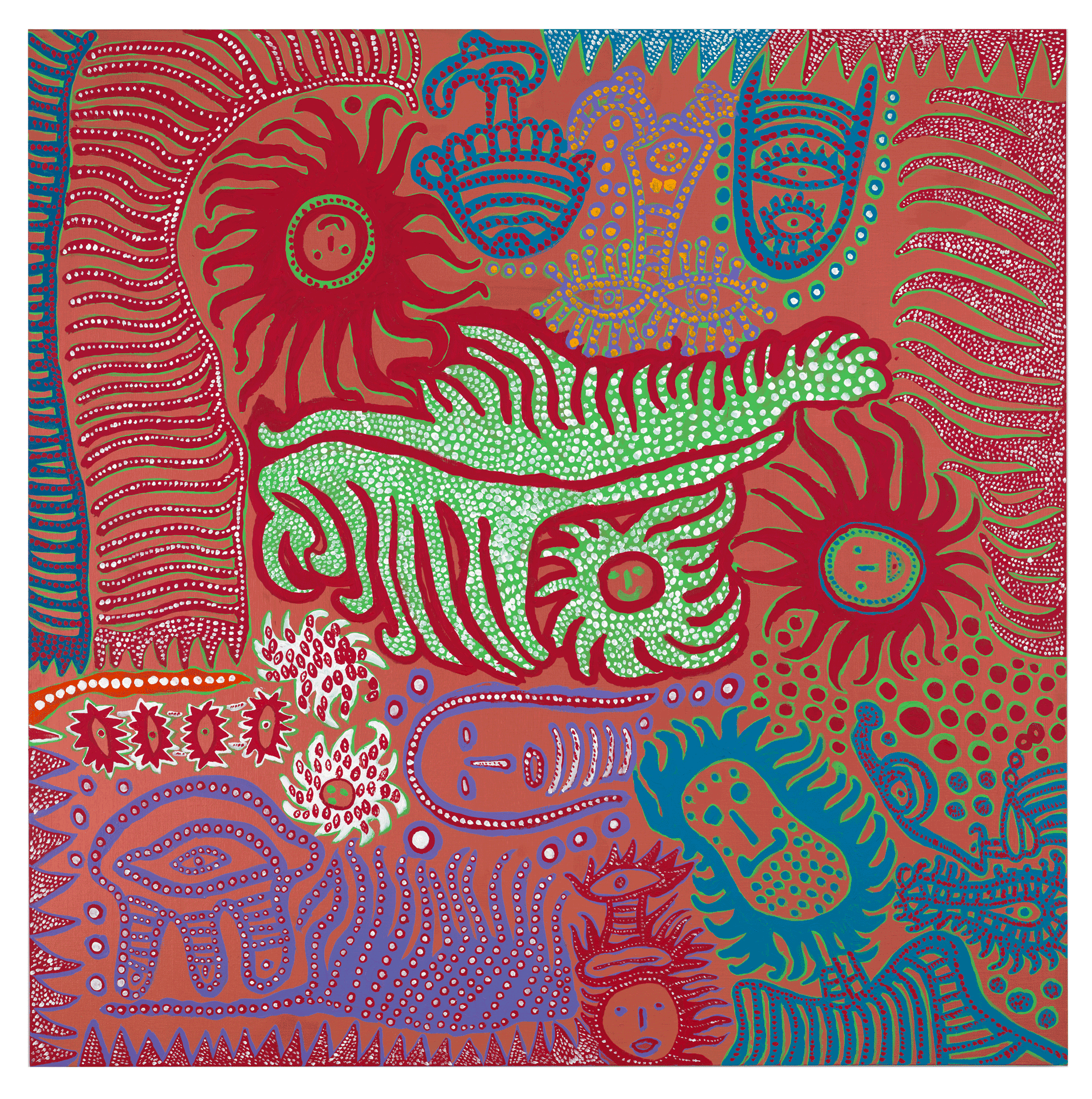 A painting by Yayoi Kusama, titled STANDING AT THE FLOWER BED‚Äã, dated 2013. 