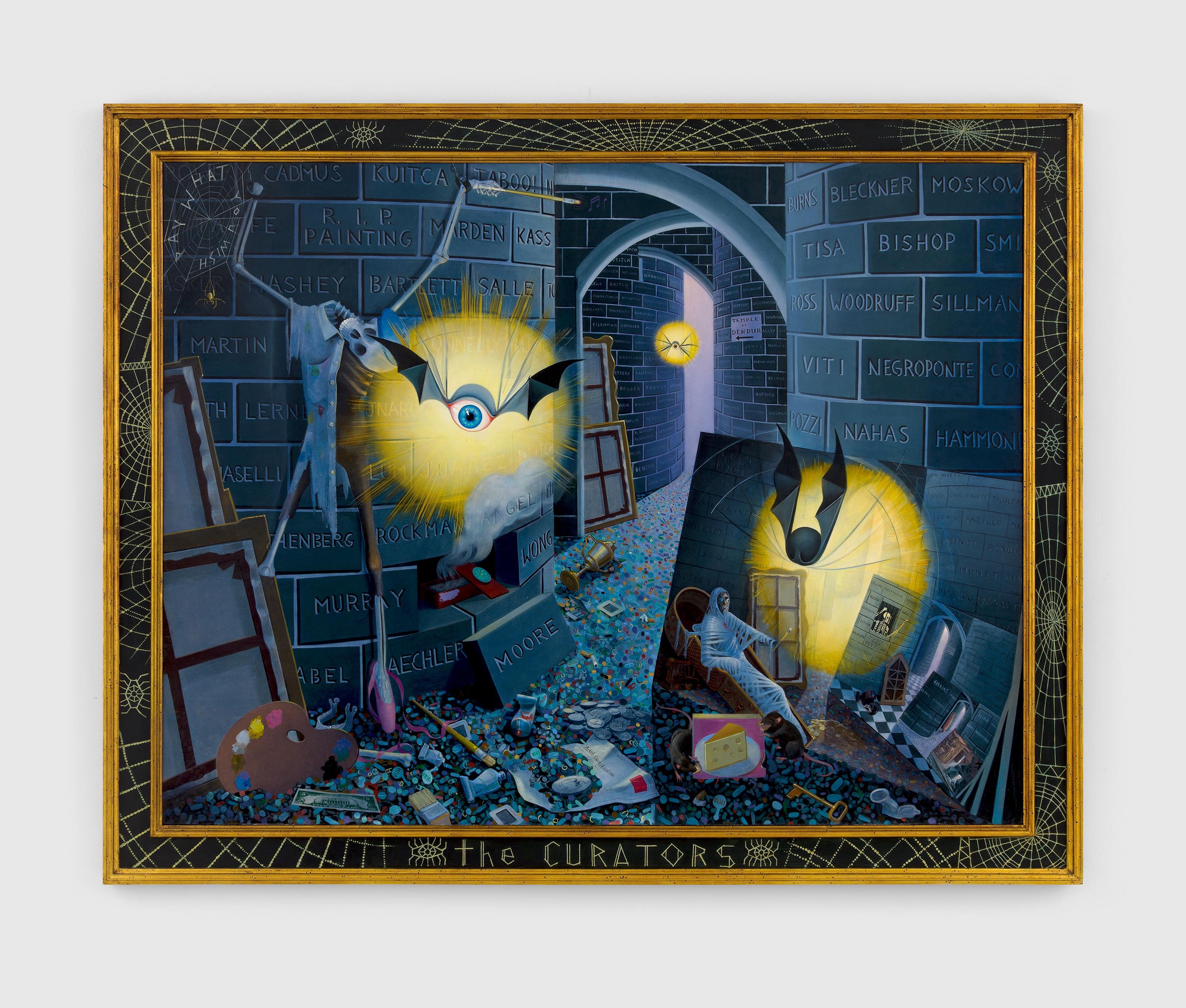 A painting by Frank Moore, titled The Curators, dated 1996.