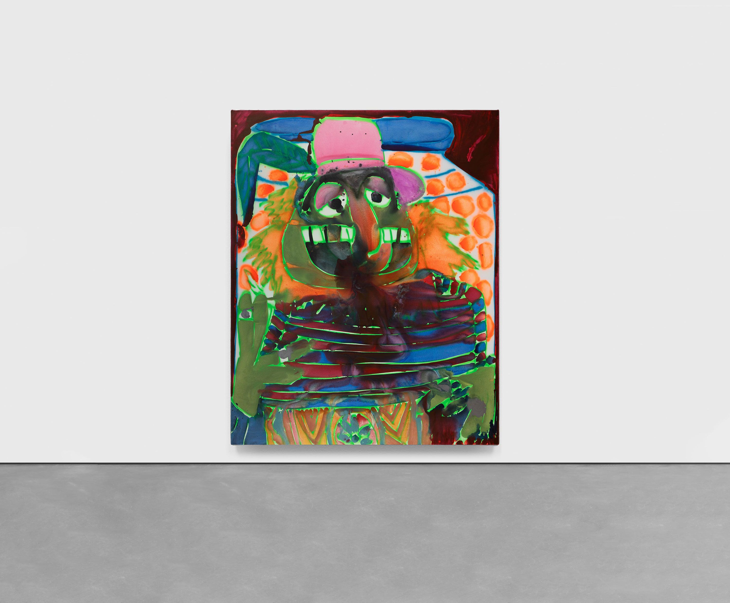 An installation view of an acrylic and spray paint on canvas artwork by Katherine Bernhardt, titled Dr Teeth plus Cheese Balls, dated 2021.