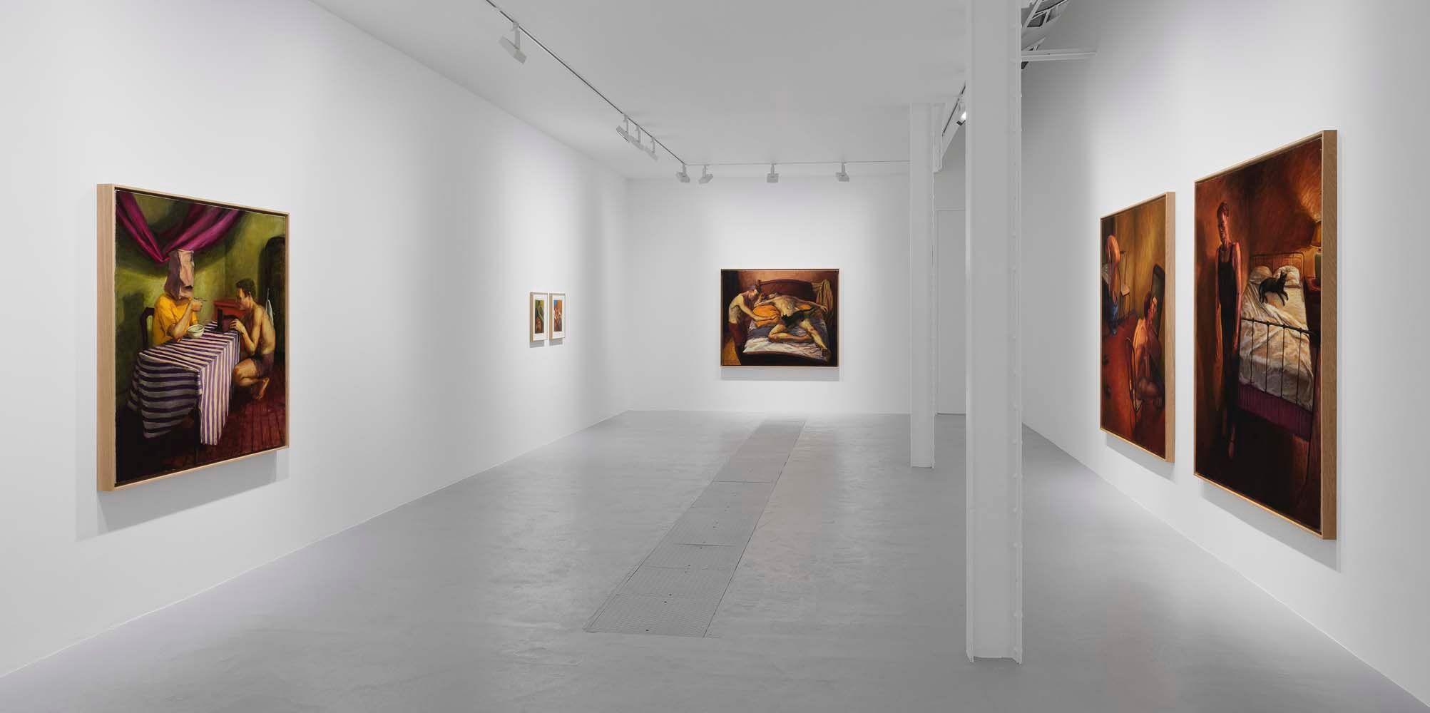 An installation view of an exhibition titled, High Steers: Blue Towel, Red Tank, at David Zwirner, Paris, in 2021.