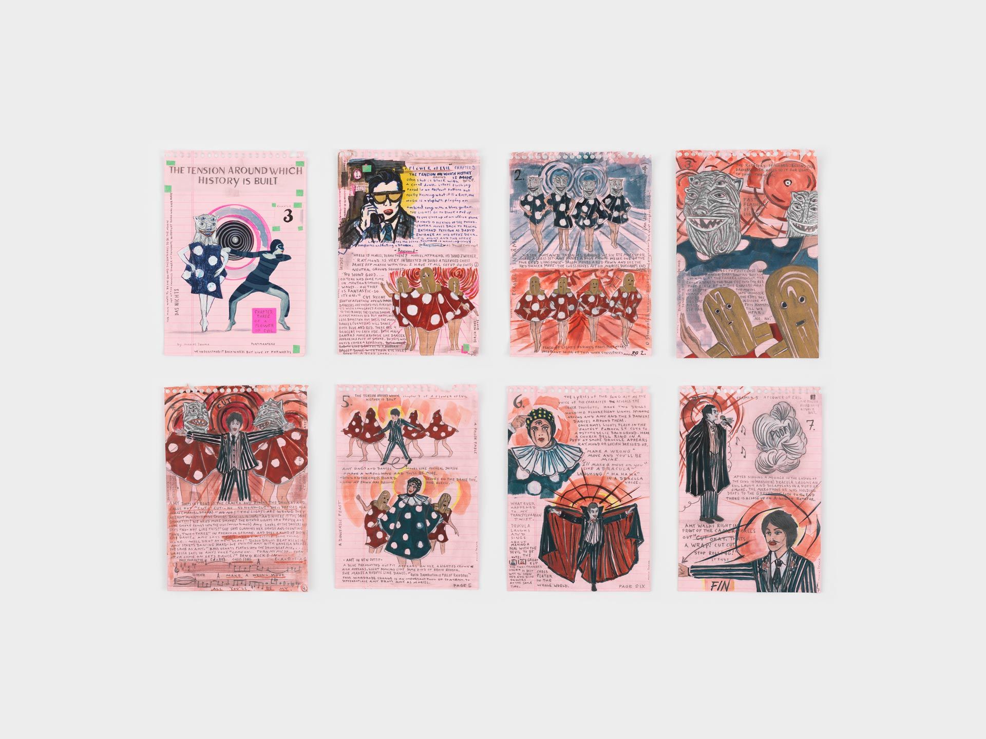 A work on paper in eight parts by Marcel Dzama, titled Storyboard of the tension around which history is built (or Storyboard chapter 3 of a flower of evil), dated 2018.