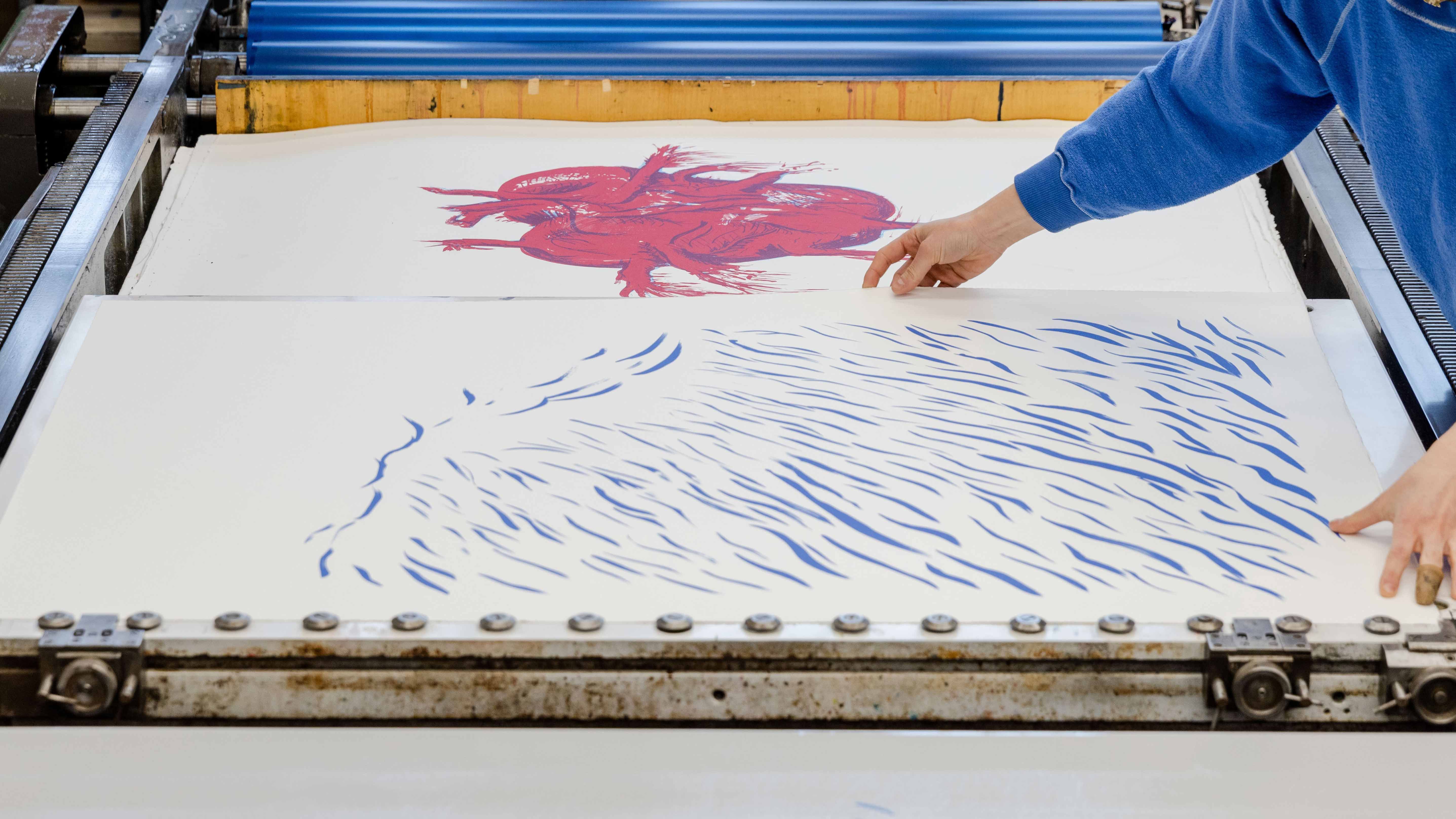 The six-color lithograph No Title (Our Secret Spot.) was printed at Derriere L’Etoile Studios in New York, where Pettibon has collaborated with master printer Maurice Sanchez for more than two decades. Photo by Max Burkhalter
