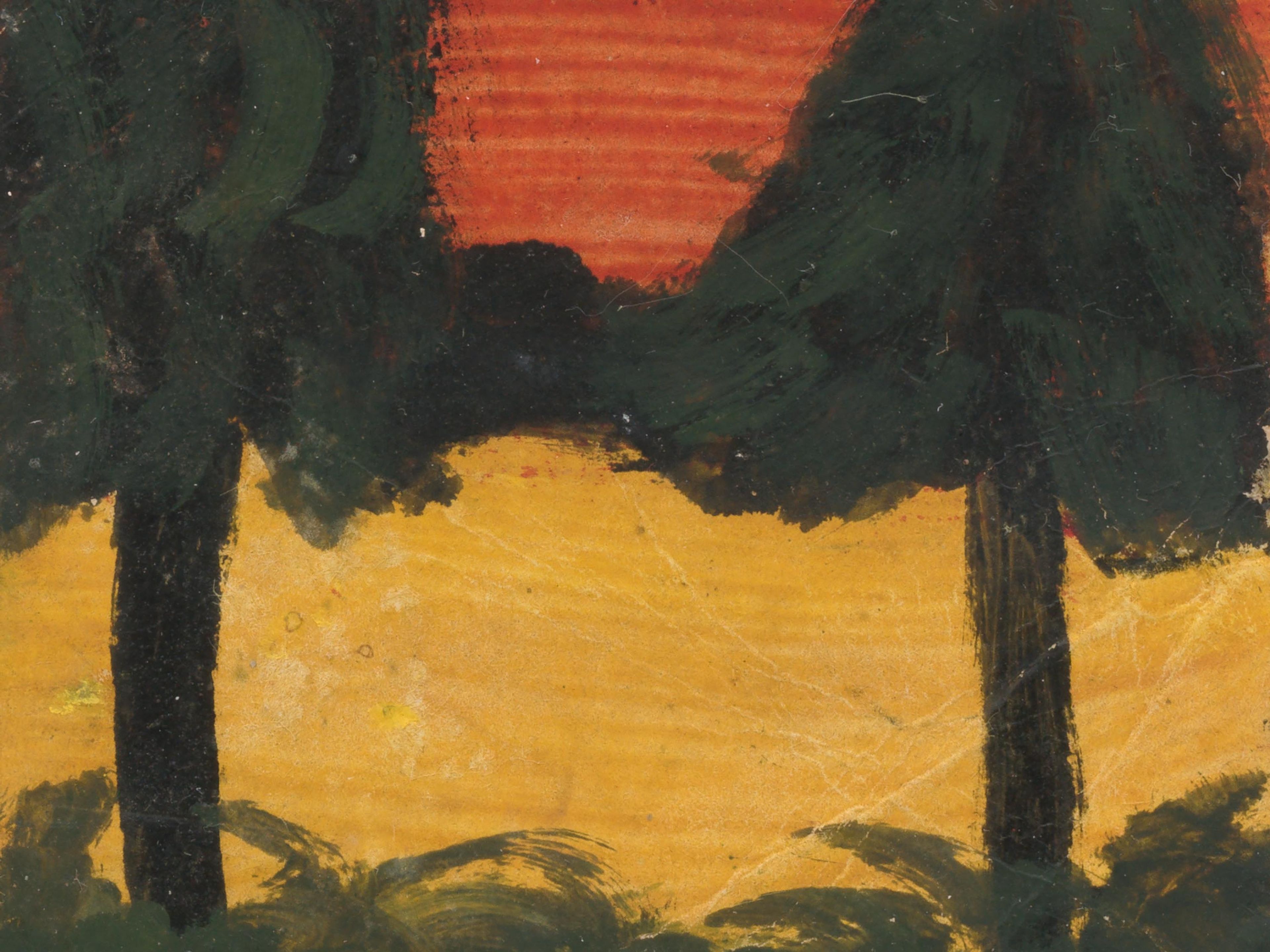 A detail of a painting by Frank Walter, called Untitled (Red Sky, Triangular and Rectangular Trees), undated.