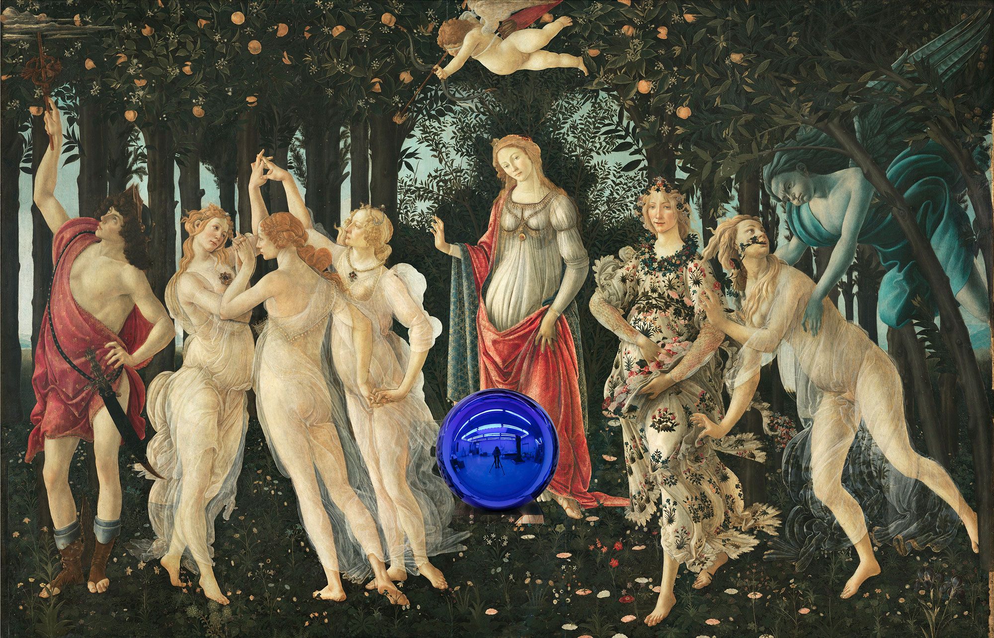 A painting by Jeff Koons, titled Gazing Ball (Botticelli Primavera), dated 2017-2020