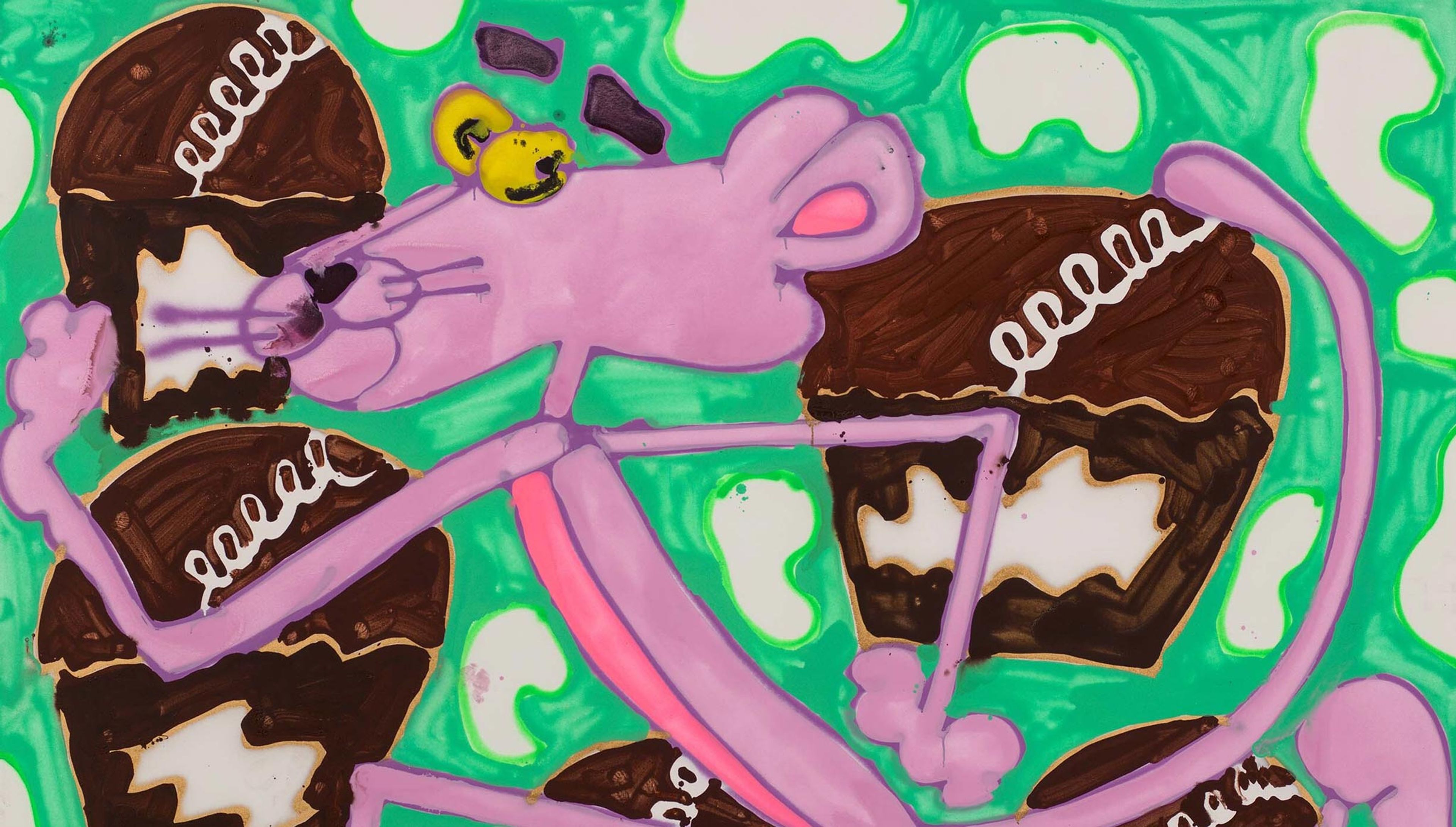  Detail of a painting by Katherine Bernhardt, titled Bacterium Run, dated 2023.