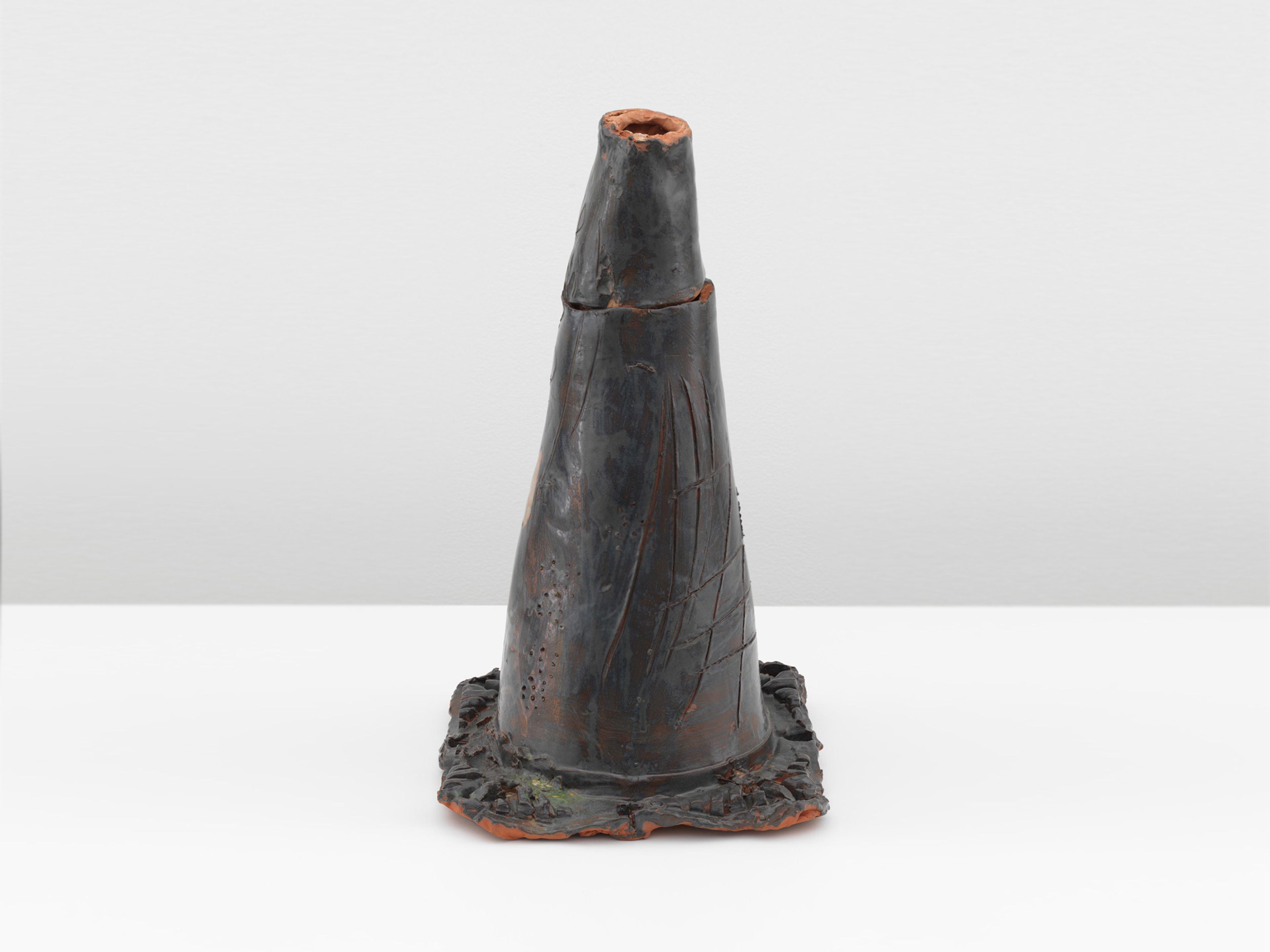 A ceramic sculpture by Josh Smith, titled Traffic Cone 12, dated 2019.