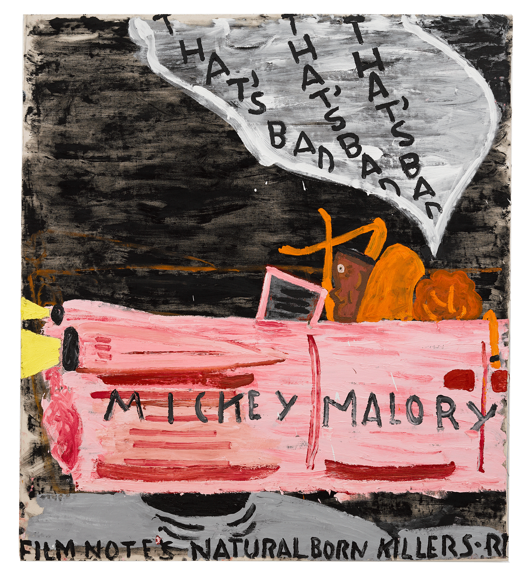 A painting by Rose Wylie, titled Natural Born Killers, Head lights (Film Notes), dated 2018. 