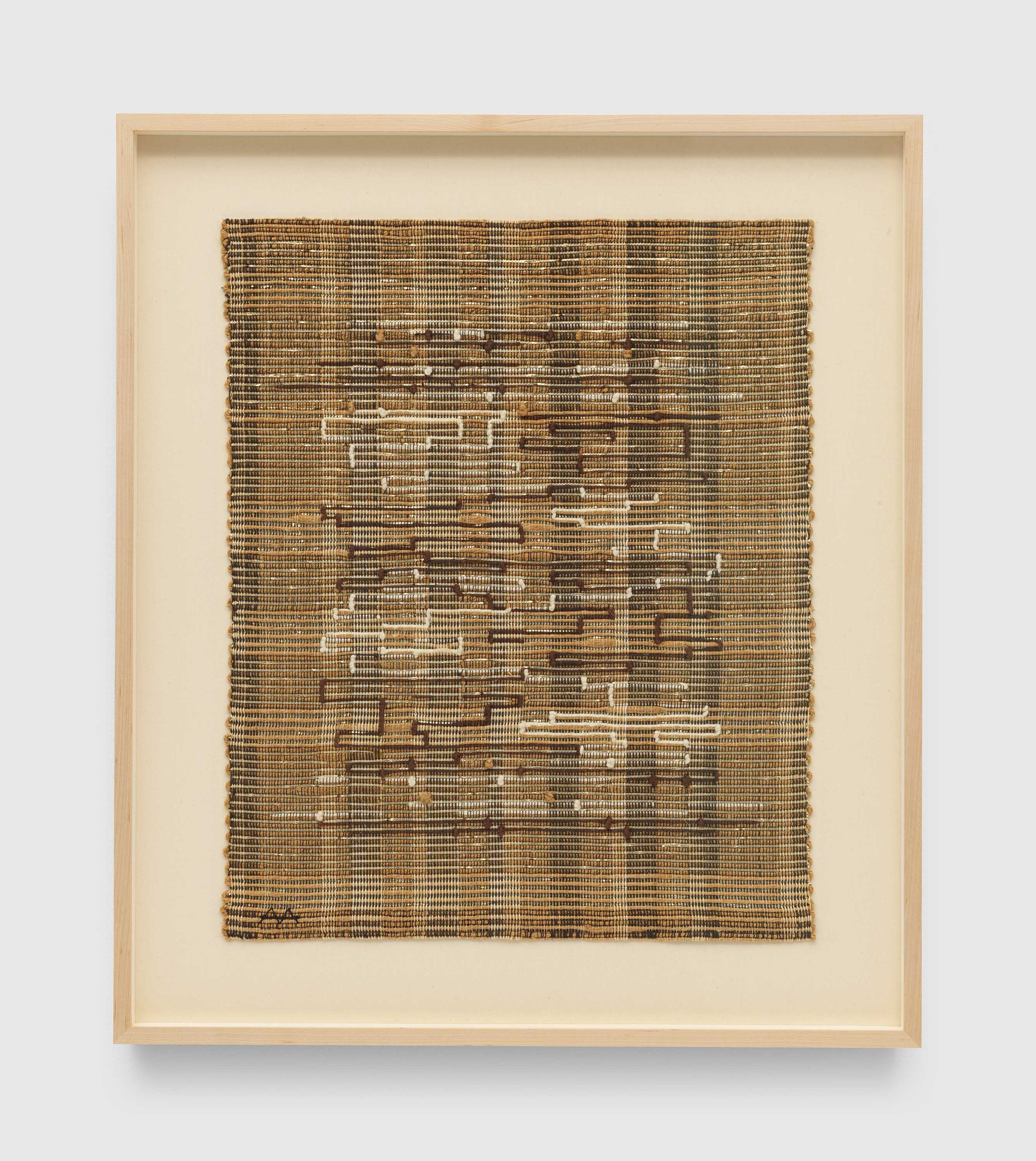 A cotton, lurex, and jute weaving by Anni Albers, titled Black-White-Gold II, dated 1950.