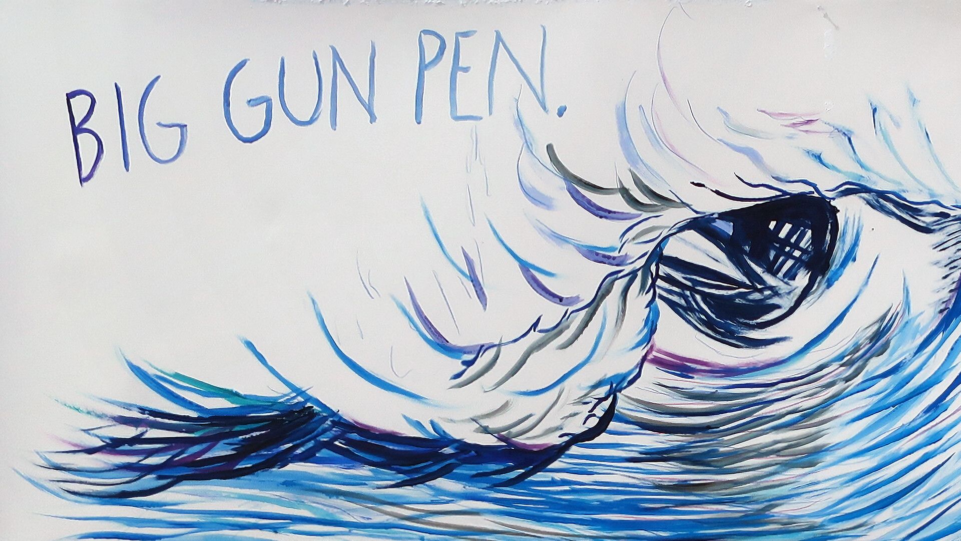 A detail of a painting by Raymond Pettibon titled No Title (Big gun pen.), dated 2020.