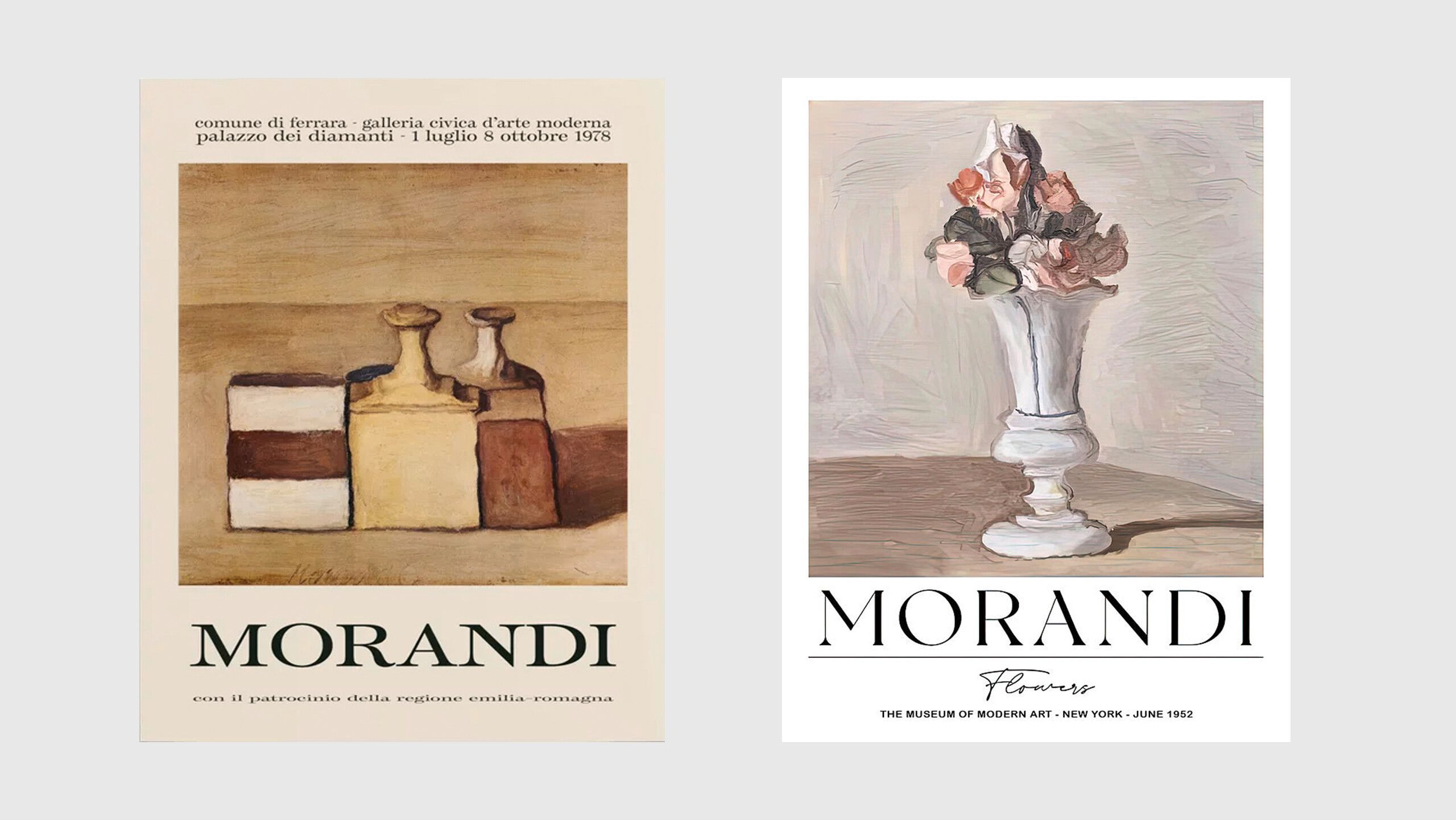 Posters for exhibitions by Giorgio Morandi: Galleria Civica d’Arte moderna, Palazzo dei Diamanti, Ferrare, Italy, 1978 (left);The Museum of Modern Art, New York, 1952 (right).