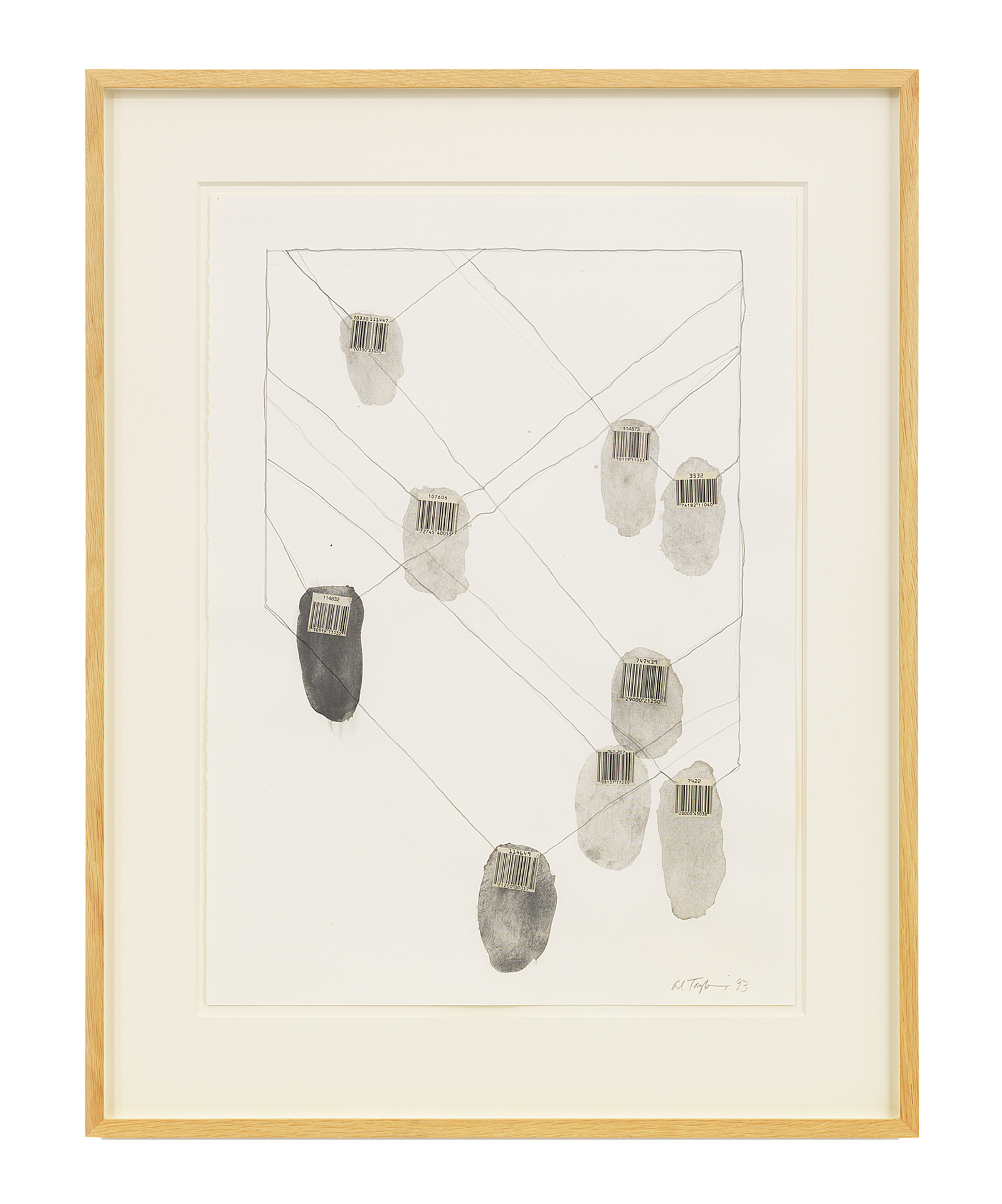 A mixed media work on paper by Al Taylor, titled Bar Codes, dated 1993.