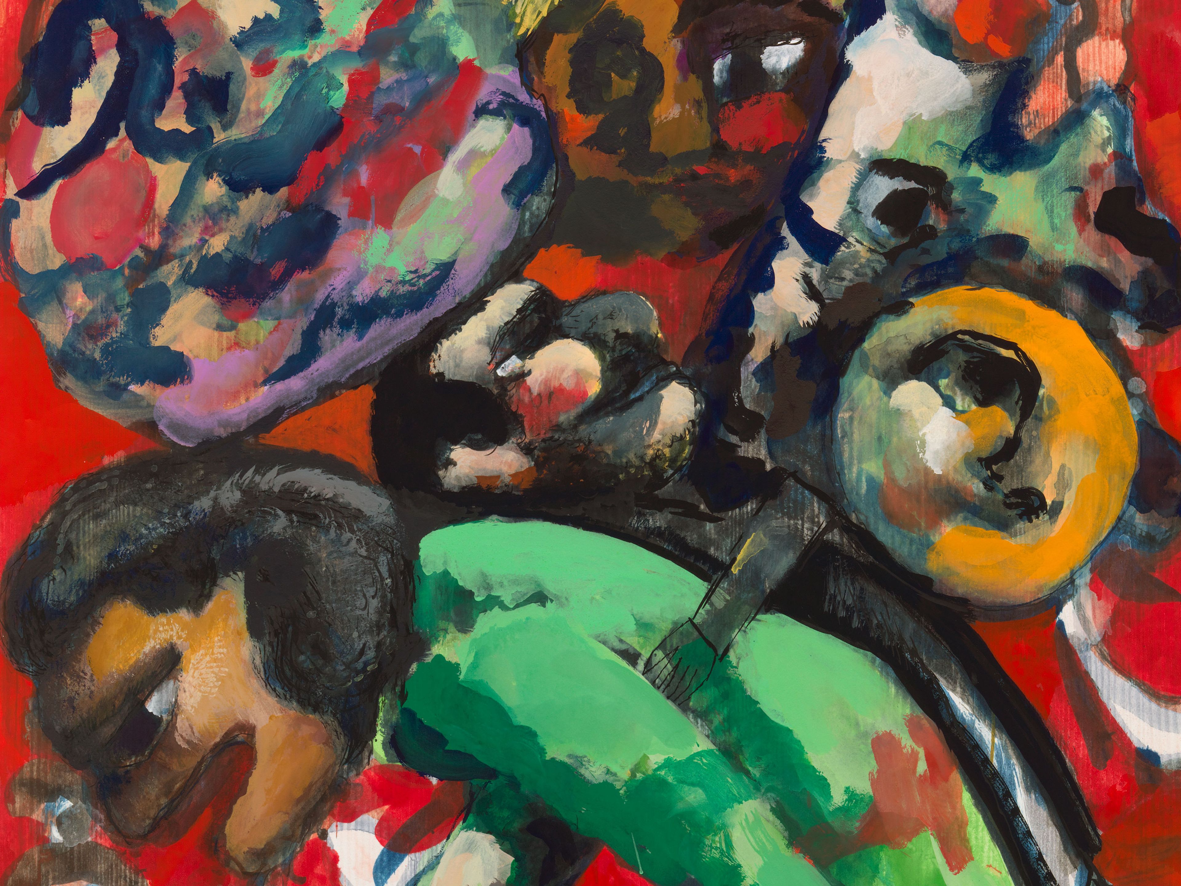 Detail of a watercolor monotype by Dana Schutz, titled Baggage 2021, dated 2021.