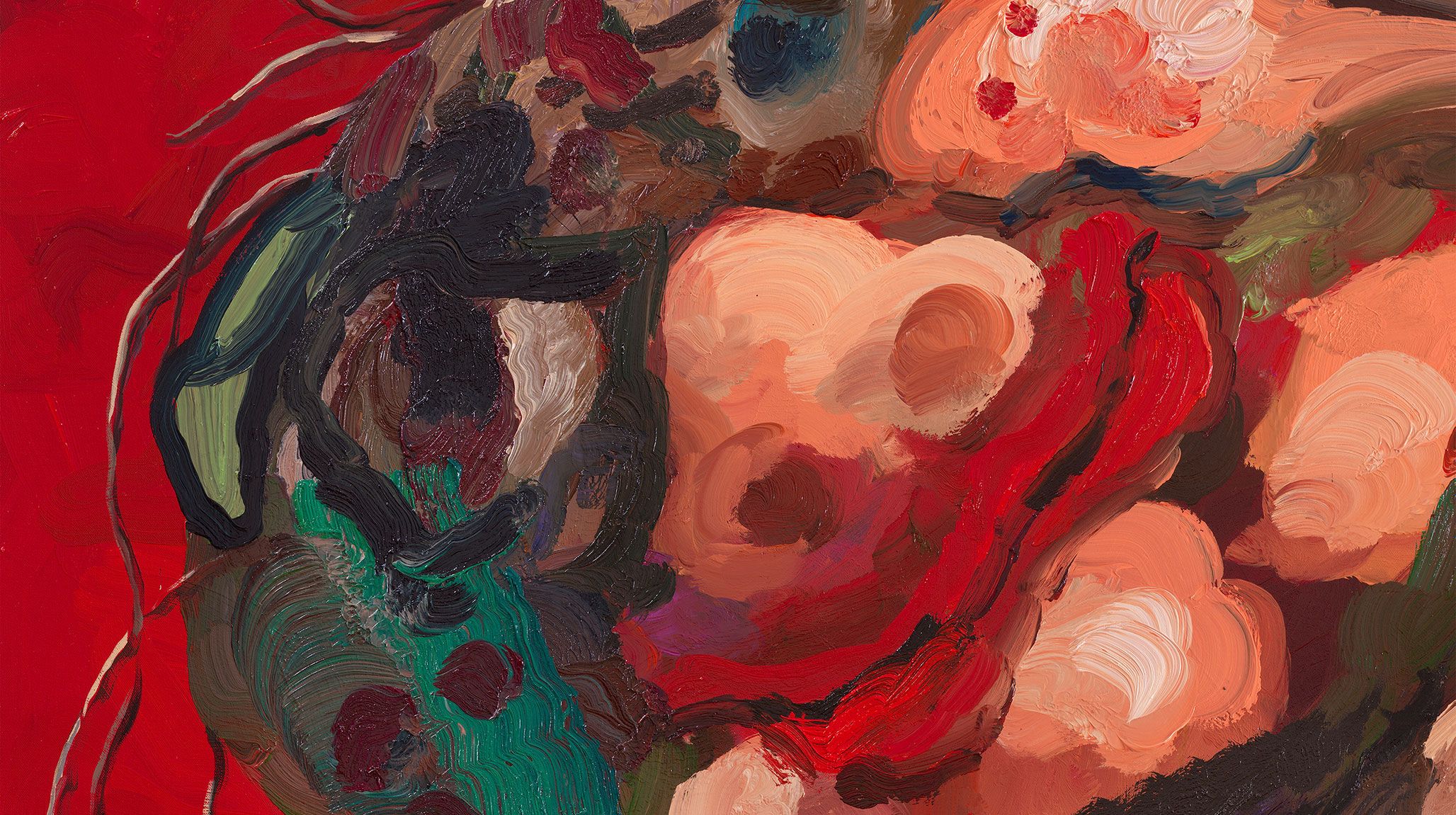 A detail from a painting by Dana Schutz, titled Baggage, dated 2021.
