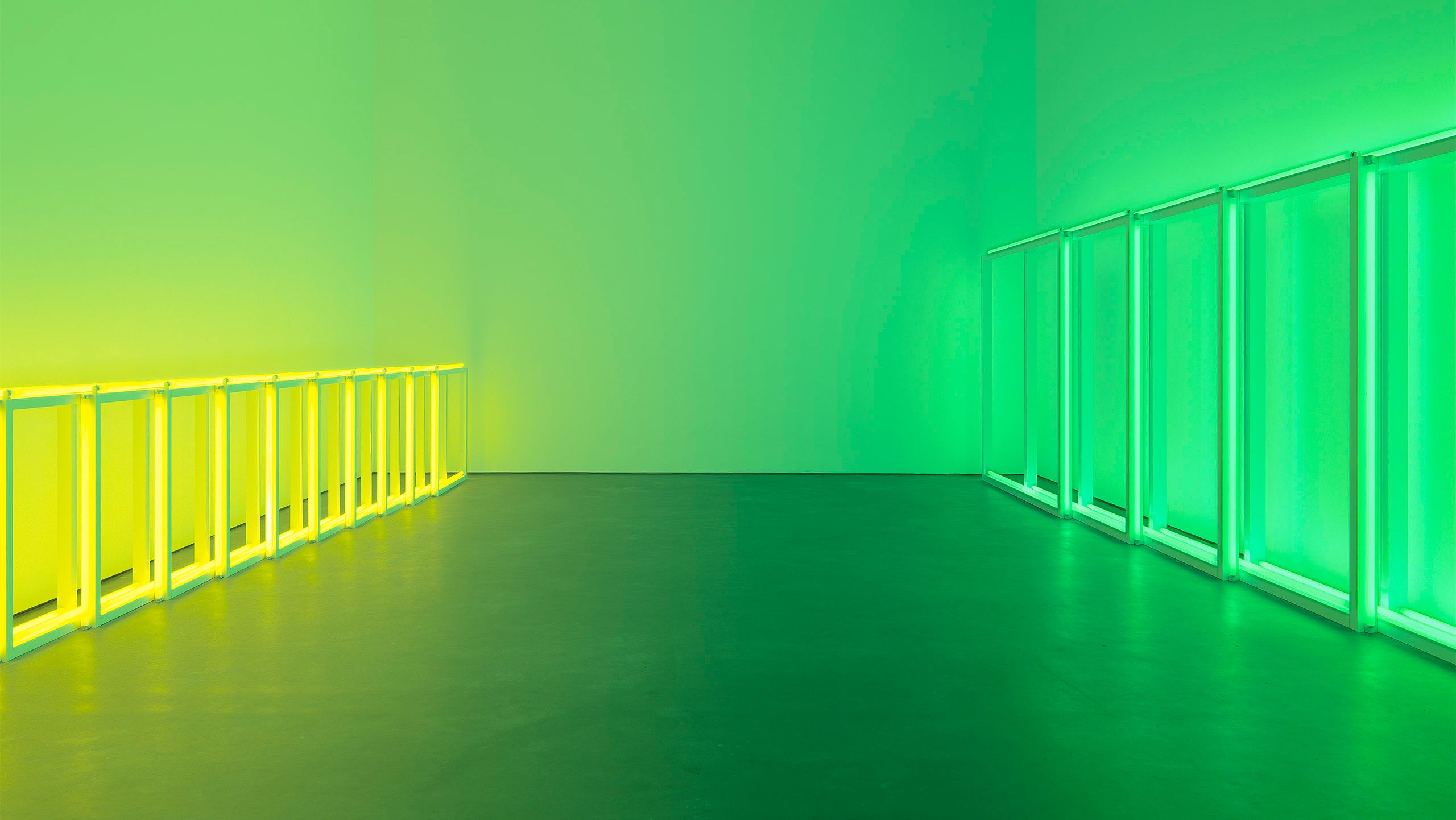 An installation of a work by Dan Flavin, untitled (to Sonja), in the show Dan Flavin: Corners, Barriers and Corridors, at David Zwirner, New York, in 2015.