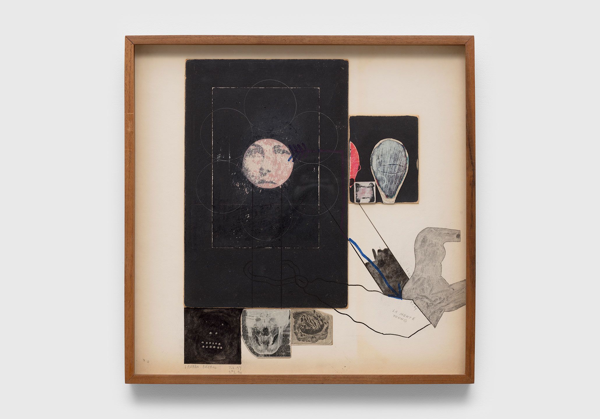A collage on illustration board by Ray Johnson, titled Untitled (Lauren Bacall La Monte Young), dated 1974-1994.