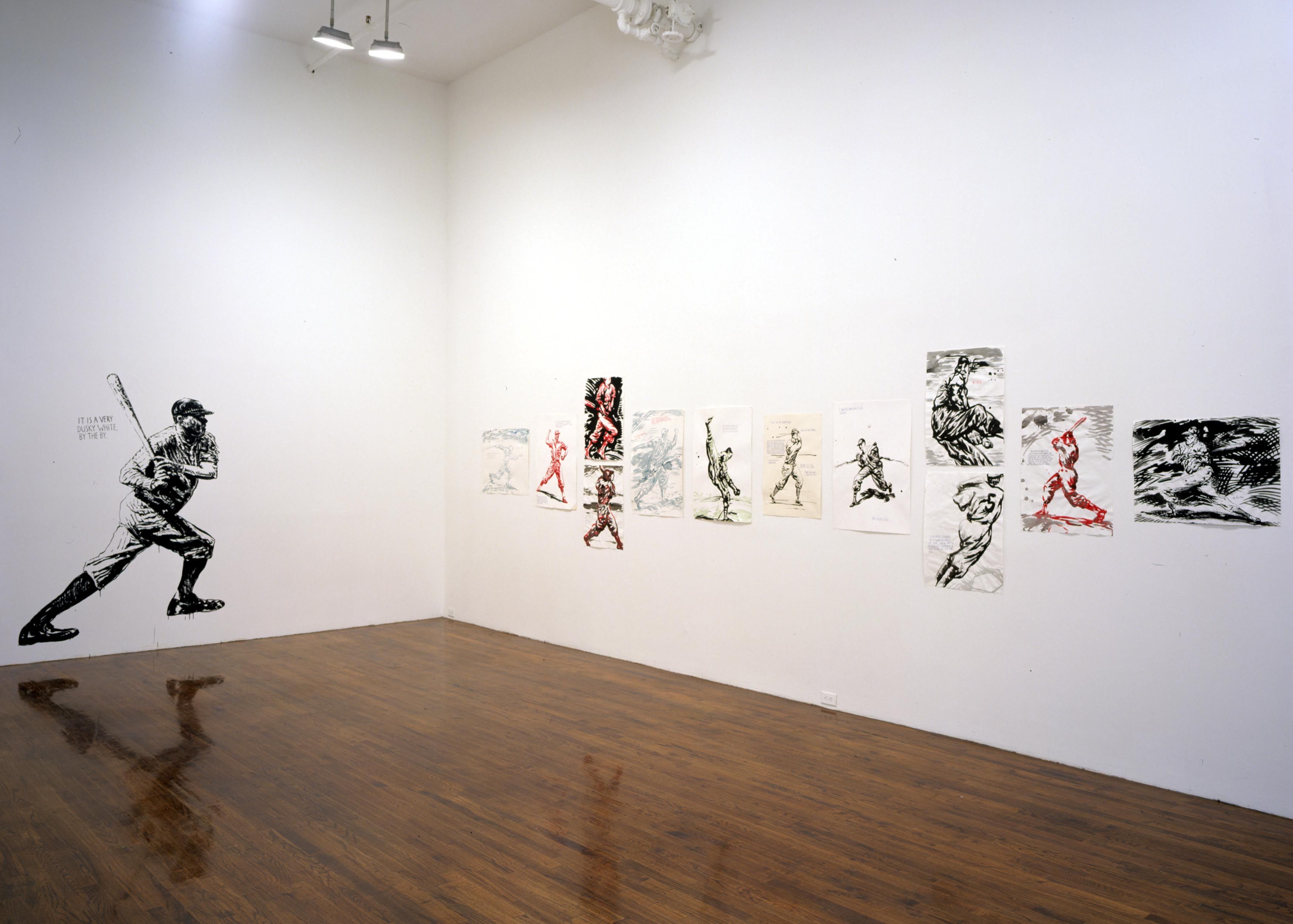 An installation view of the exhibition Raymond Pettibon: Drawings and Wall Drawings, at David Zwirner New York, dated 1995.