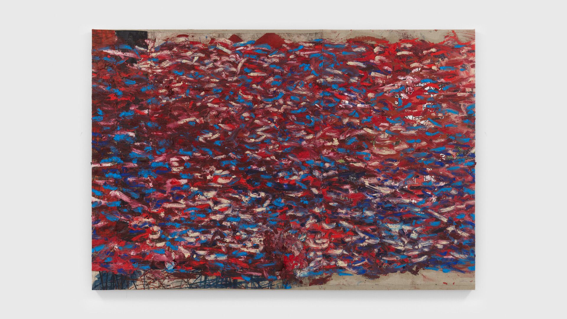 An oil and oil stick painting on canvas and linen by Oscar Murillo, titled (untitled) surge, dated 2019 to 2020.