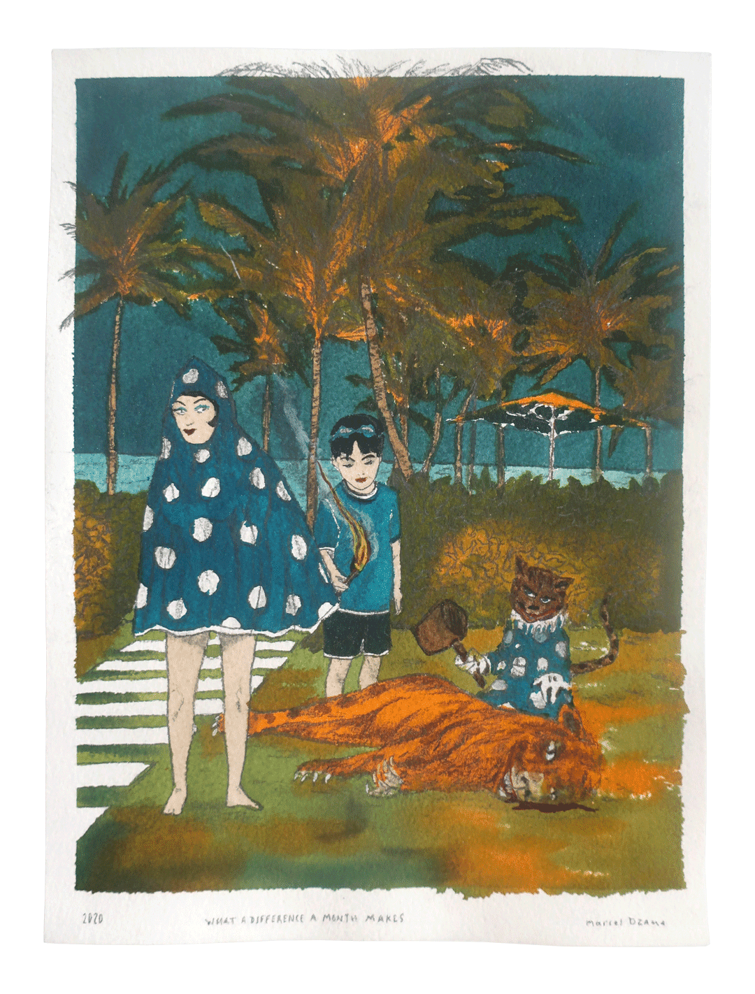 A work on paper by Marcel Dzama titled What a difference a month makes, dated 2020.