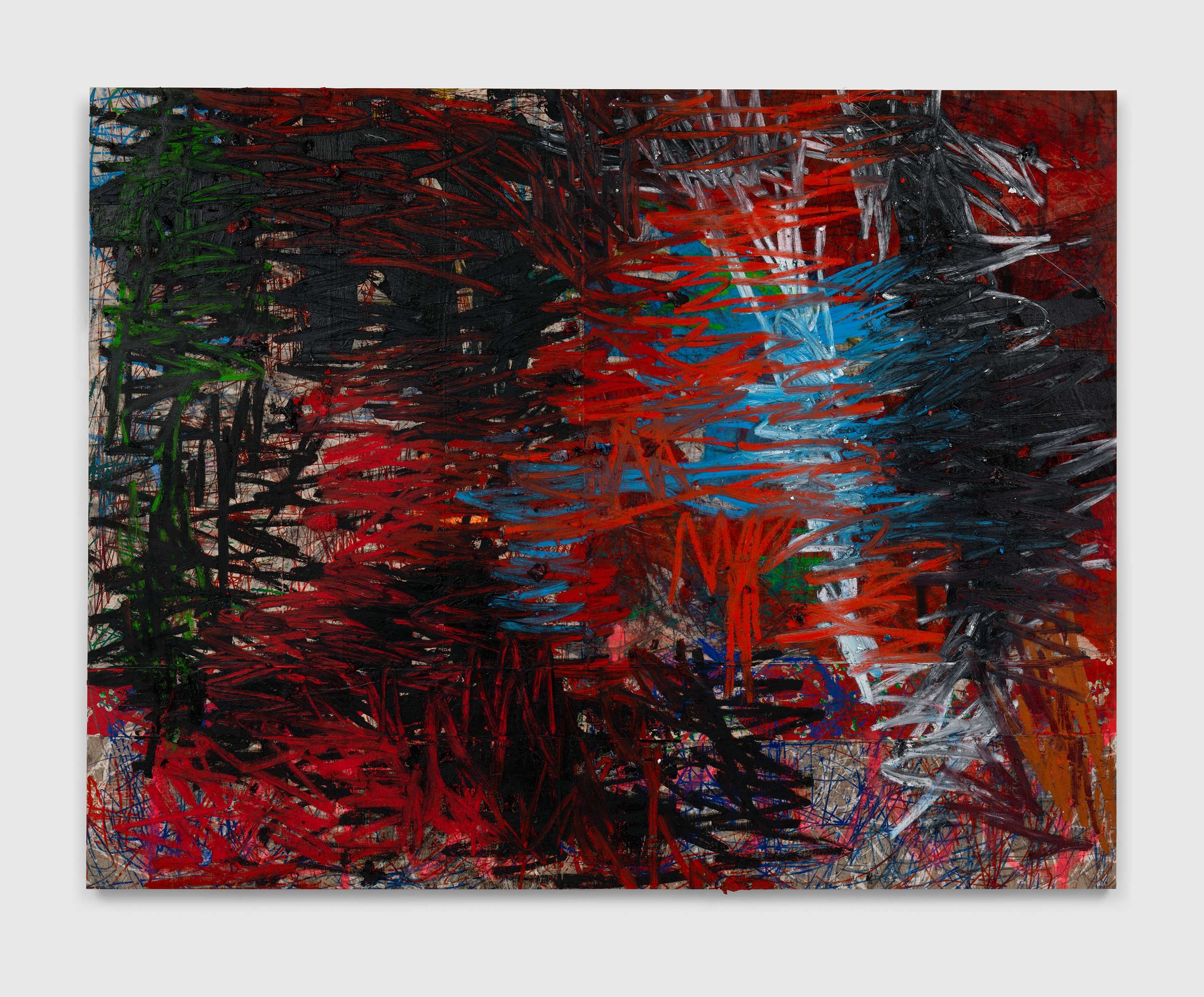 An oil, oil stick, graphite and spray paint on canvas and linen artwork by Oscar Murillo, titled manifestation, 2020 to 2022.