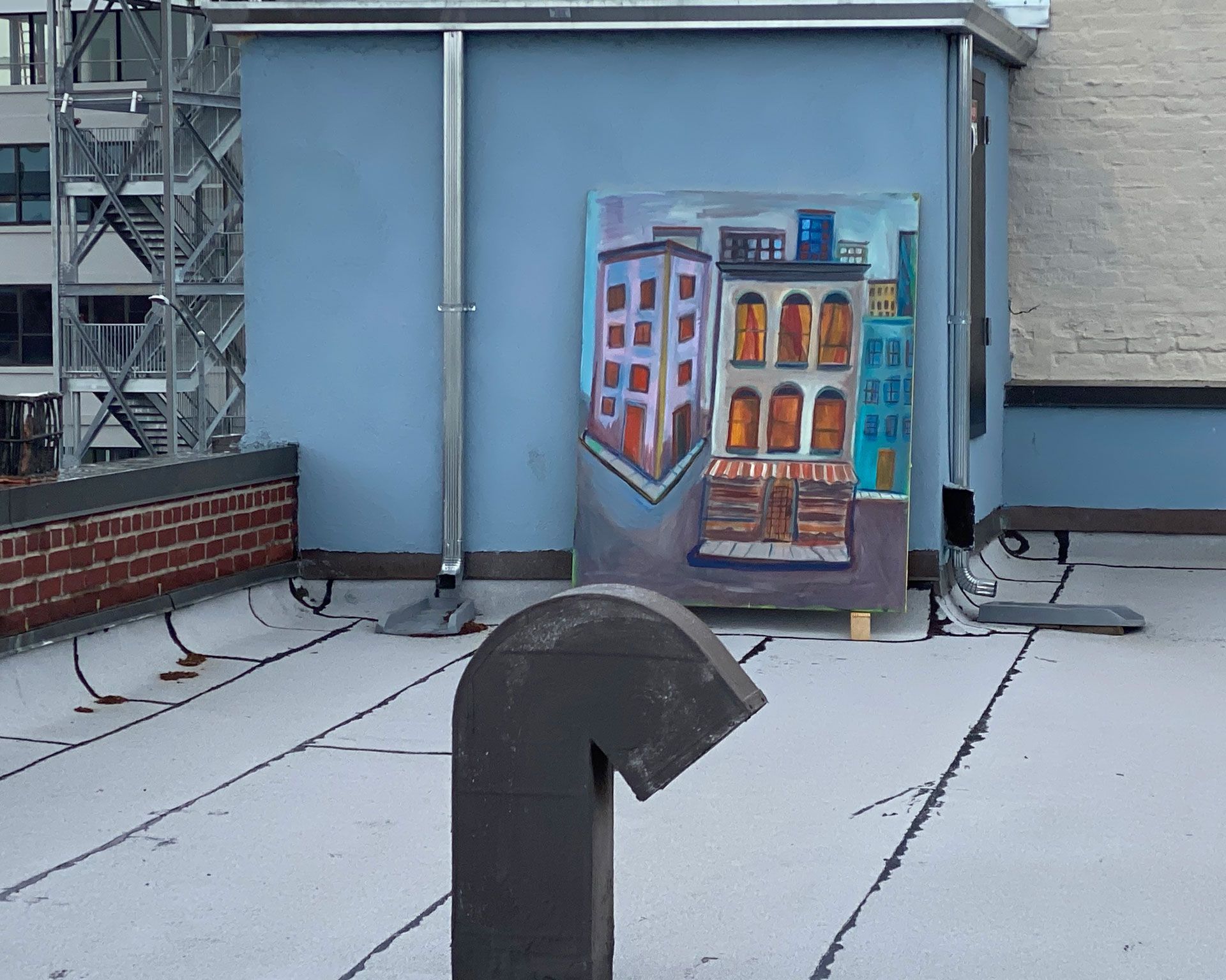 An installation view of the exhibition titled Josh Smith: High As Fuck on the artist's studio roof in Brooklyn, New York, dated 2020.
