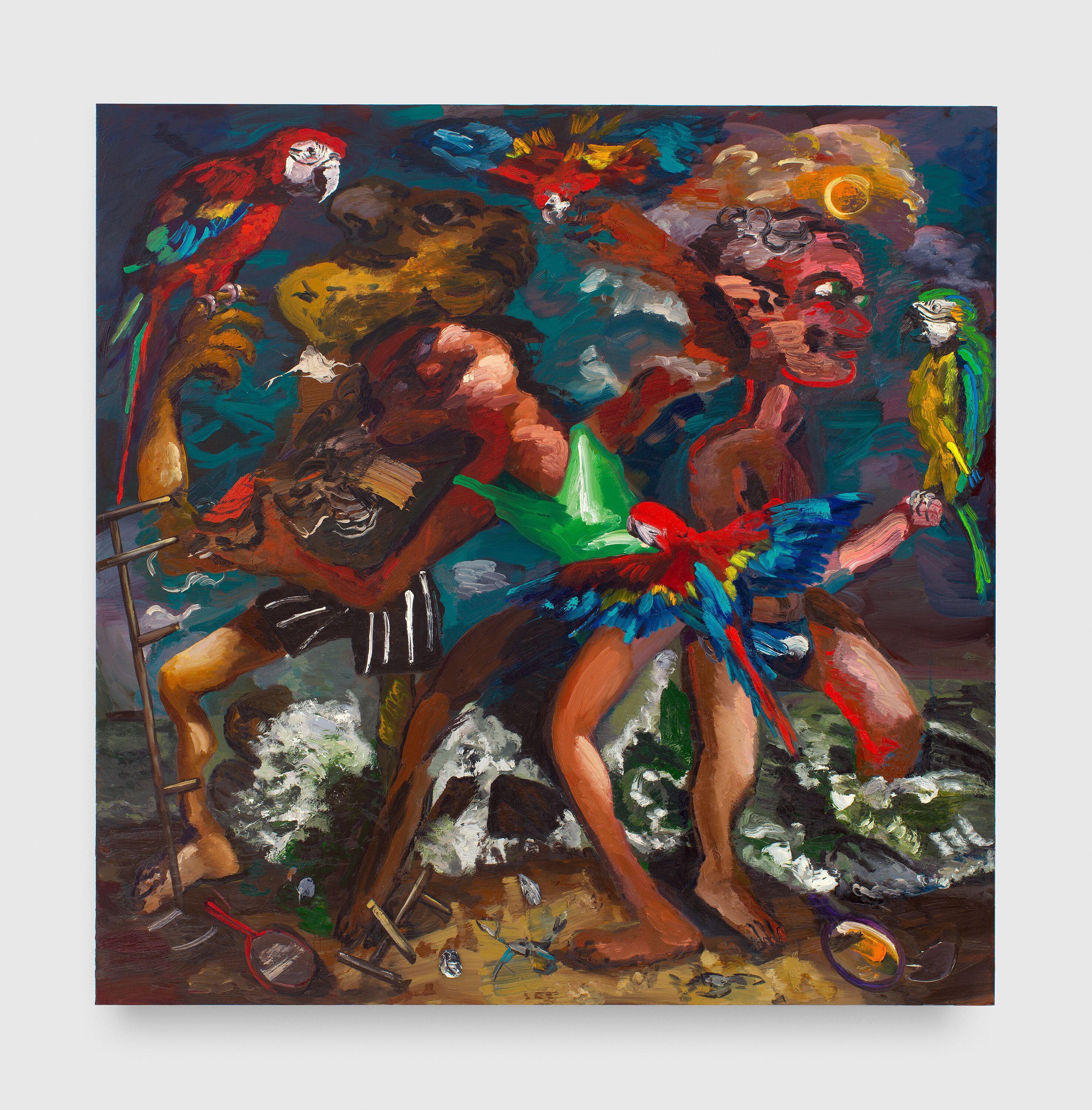 A painting by Dana Schutz, titled Parrots, dated 2023.