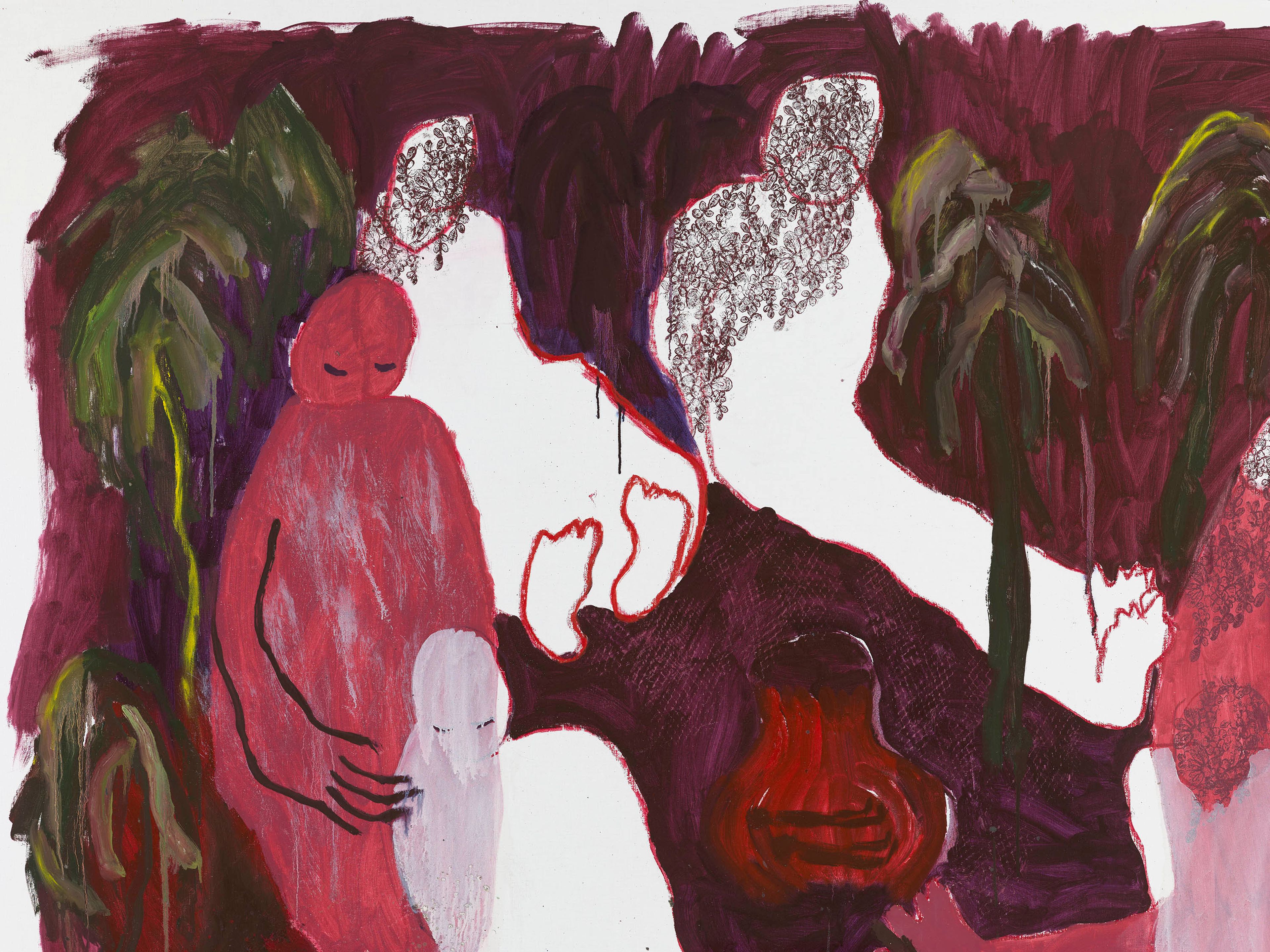 A detail from a painting by Portia Zvavahera, titled Kutsipikwa muhari, dated 2025.