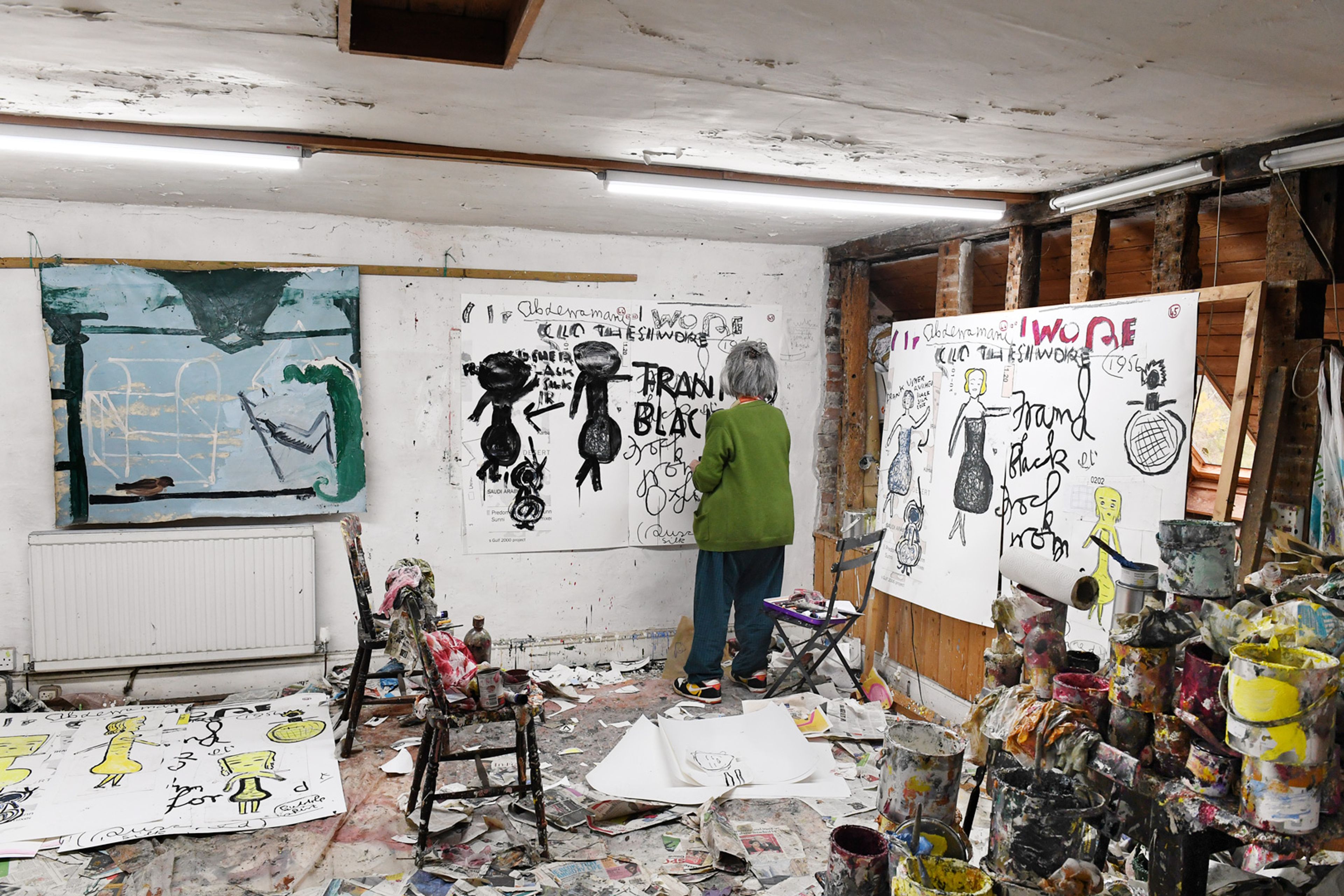 A photograph of Rose Wylie in her studio, dated 2019