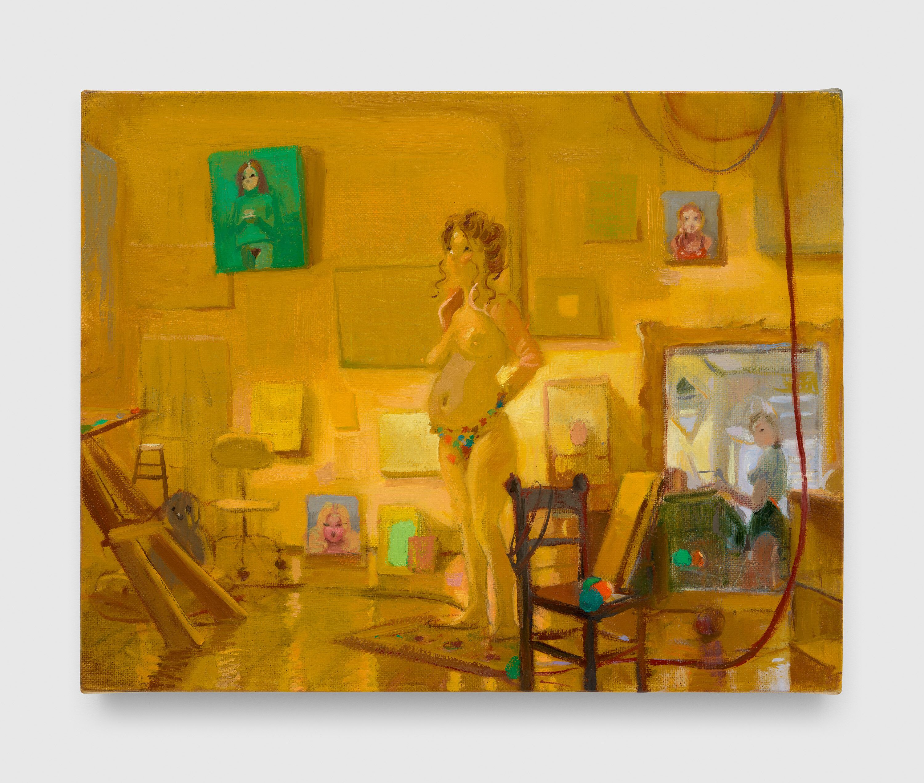 A painting by Lisa Yuskavage, titled Little Golden Studio, dated 2023.
