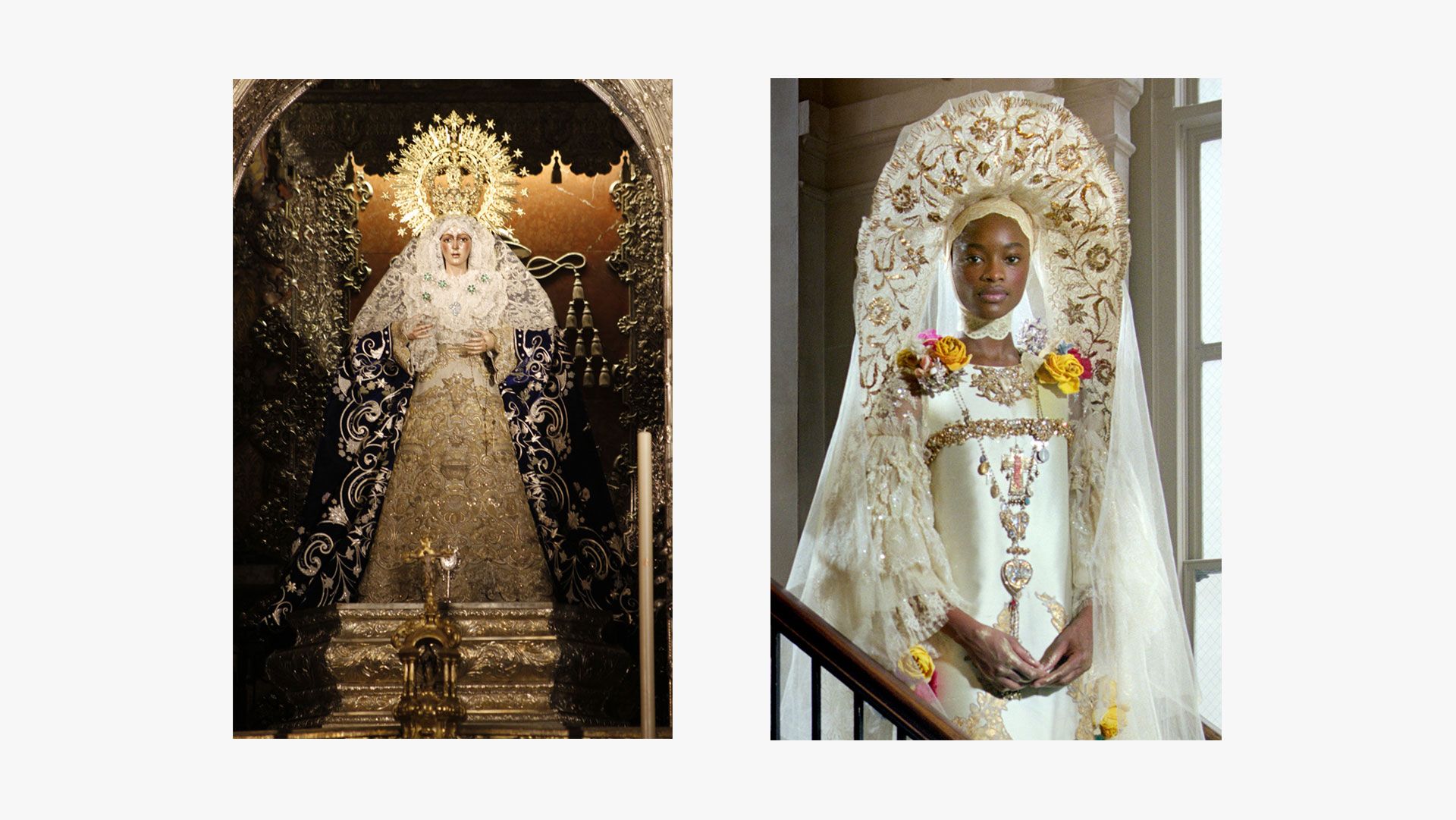A composite image, on the left a work attributed to pedro roldan, titled Virgin Hope of macarena, dated 17th century; on the right, a wedding dress designed by Christian Lacroix.