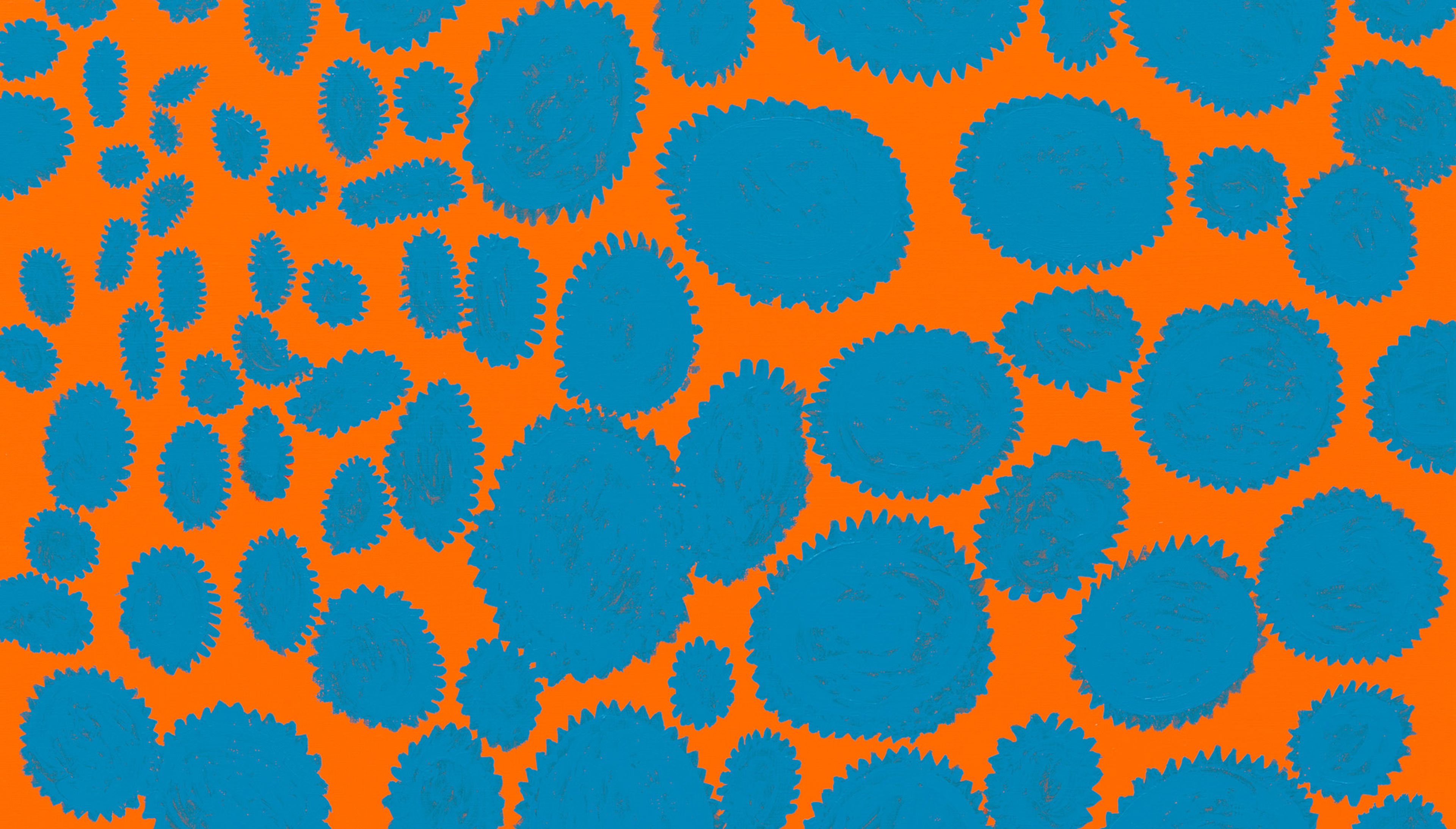 A detail from a painting by Yayoi Kusama, titled SPLENDOR OF STARS CHANGING INTO BLUE, dated 2019.