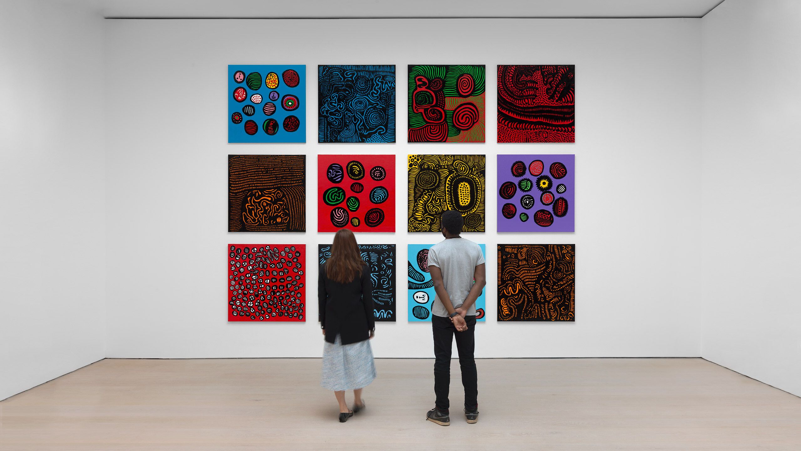 An installation view of an exhibition titled, Yayoi Kusama I WANT YOUR TEARS TO FLOW WITH THE WORDS I WROTE, at David Zwirner, New York, in 2021.