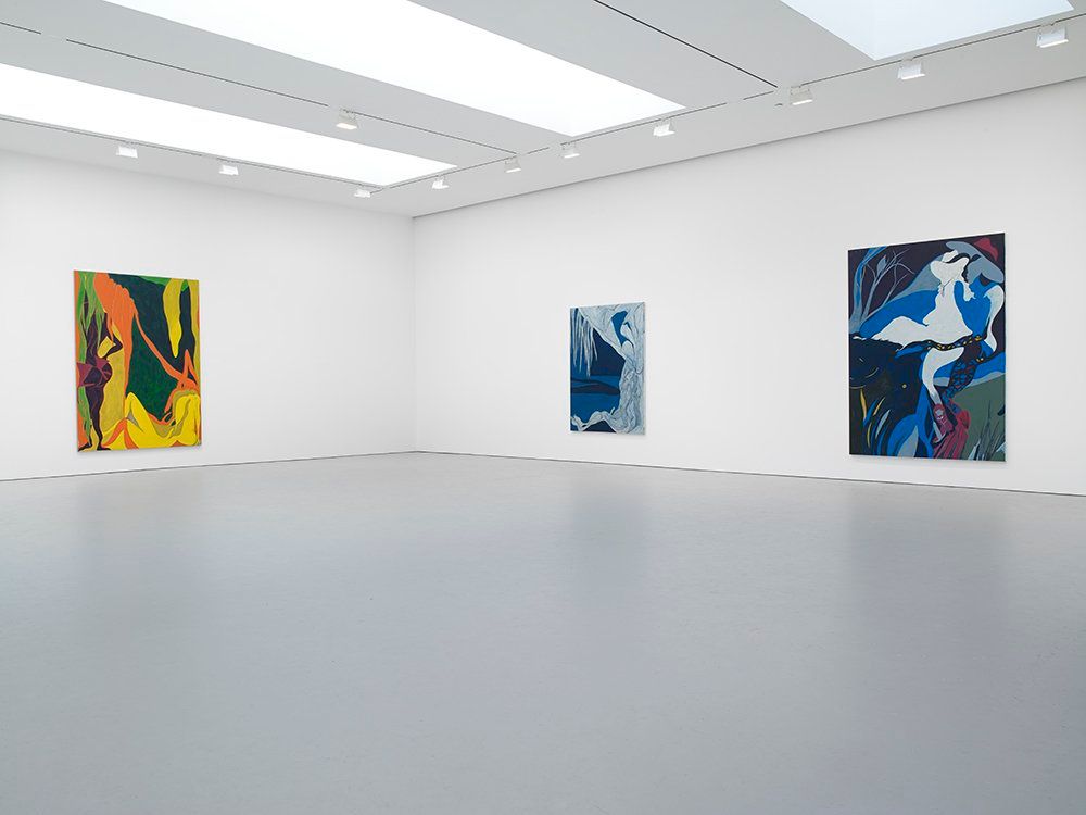 Installation view of the exhibition Chris Ofili: Devil's Pie, at David Zwirner in New York, dated 2007.
