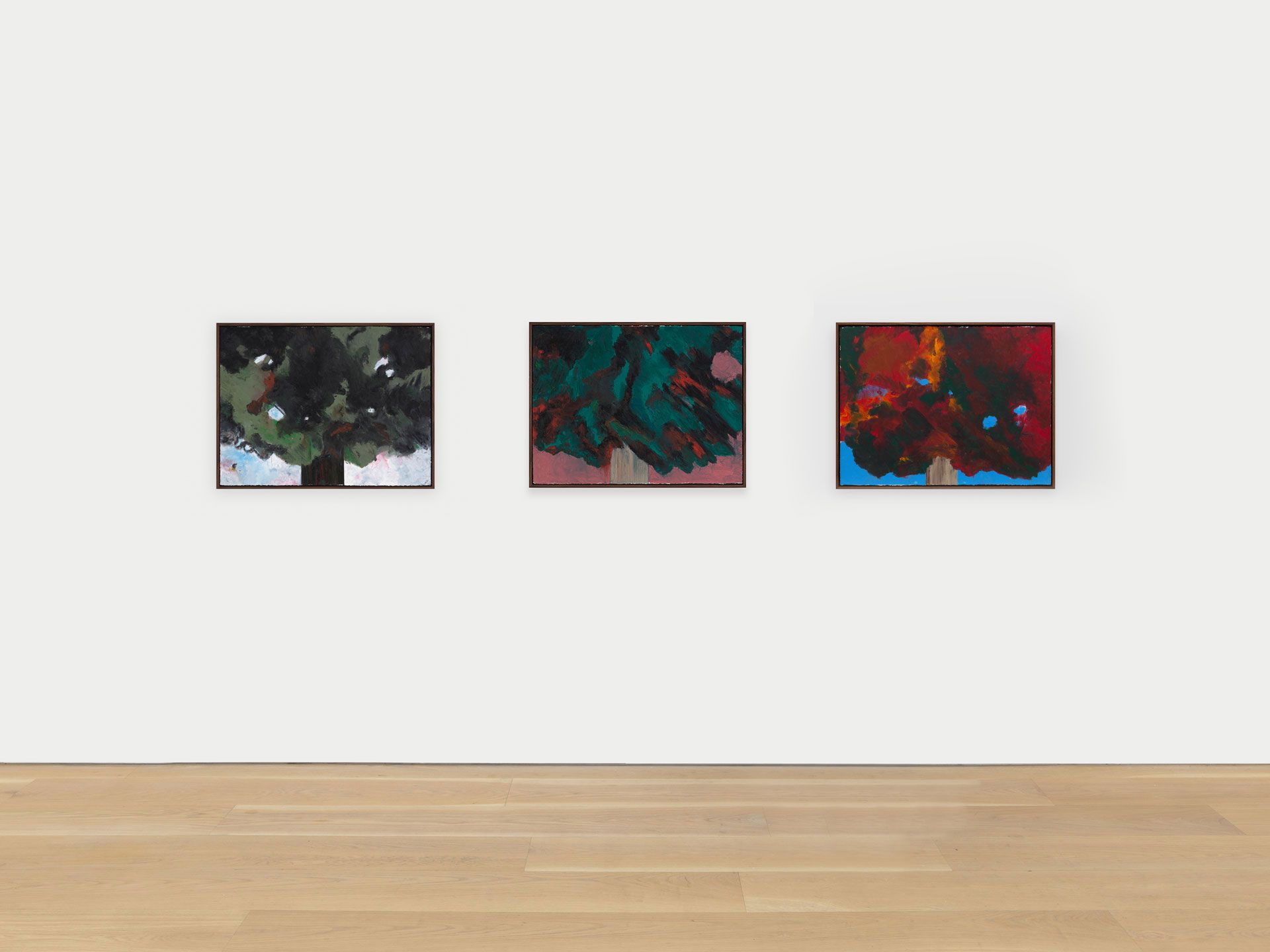 An installation view of three untitled paintings by Harold Ancart, dated 2020.