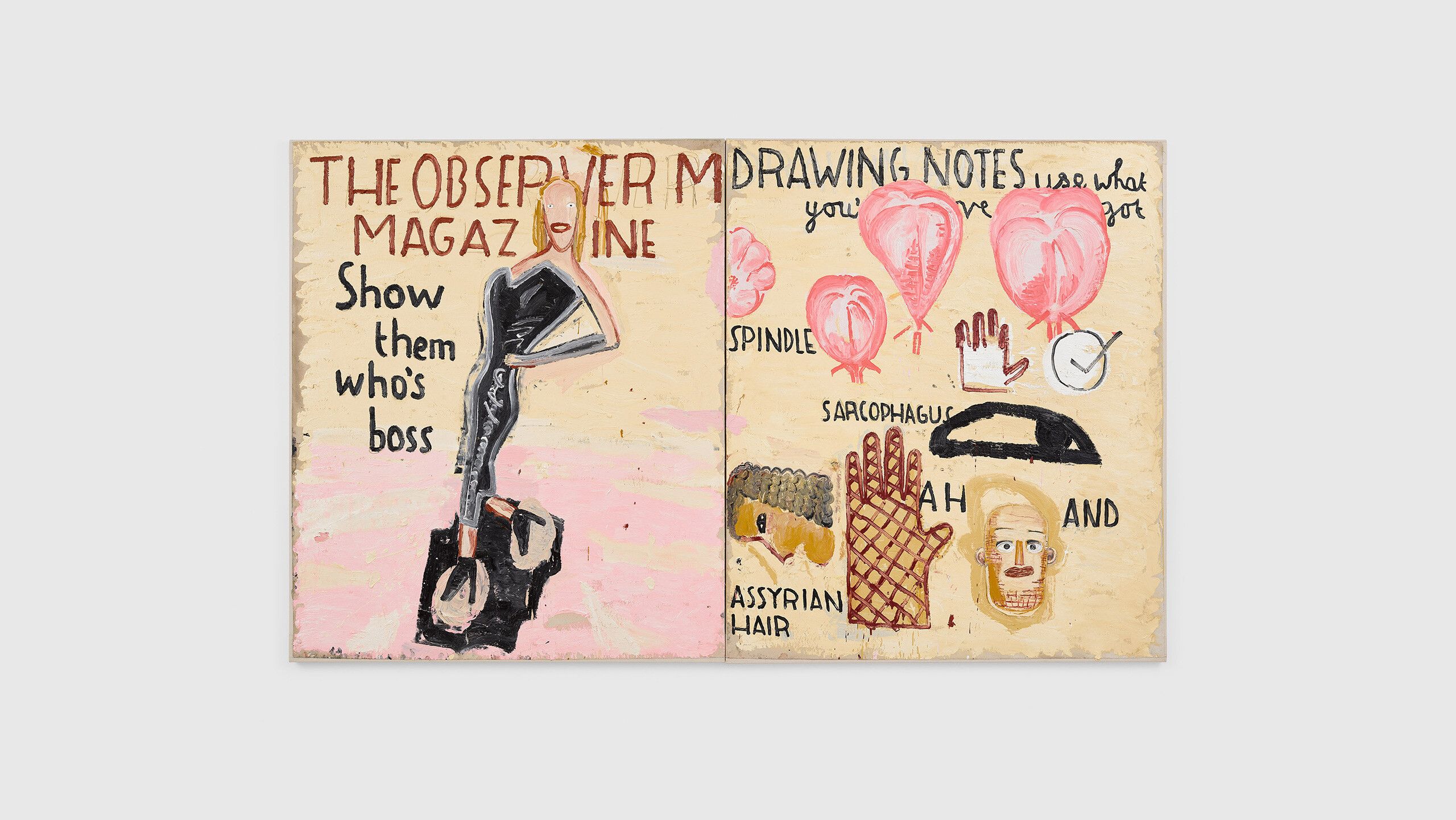 A painting by Rose Wylie, titled "Spindle and Cover Girl," dated 2022