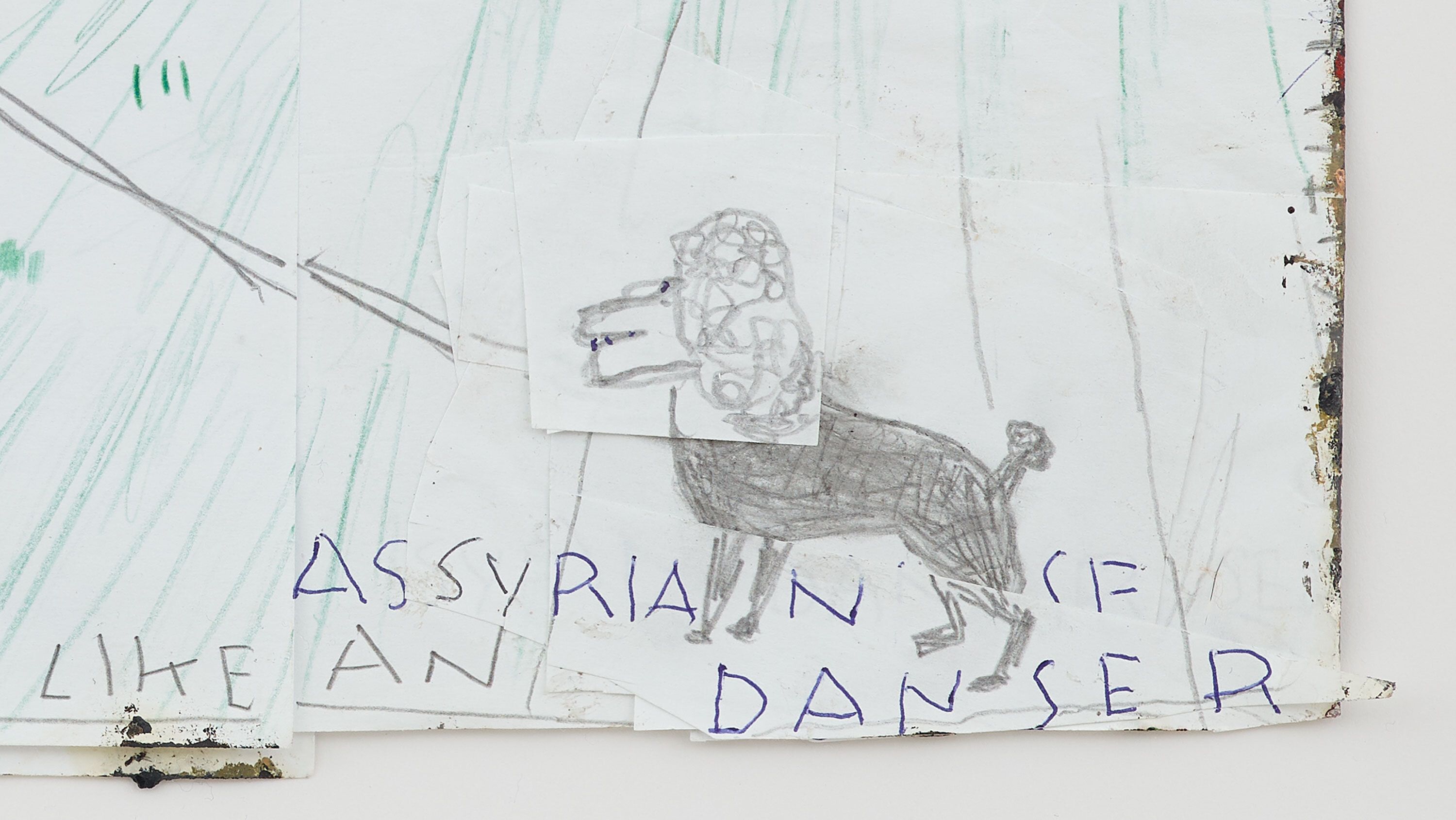 A detail of She Runs Down the Hill like an Assyrian Dancer by Rose Wylie dated 2021