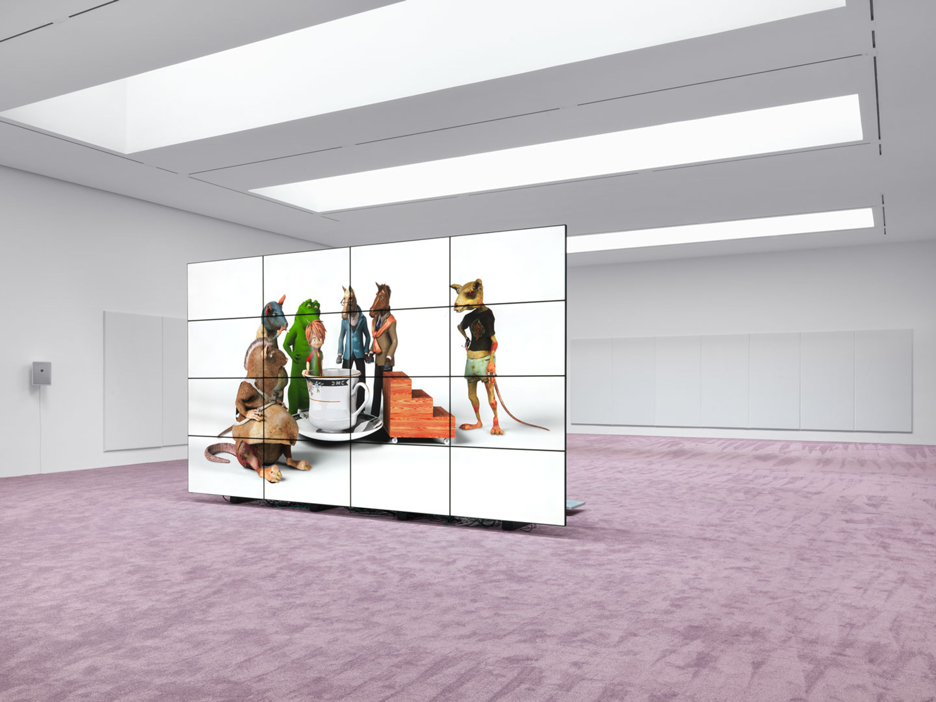 An installation view of a video work by Jordan Wolfson, titled Riverboat song, dated 2017 to 2018.