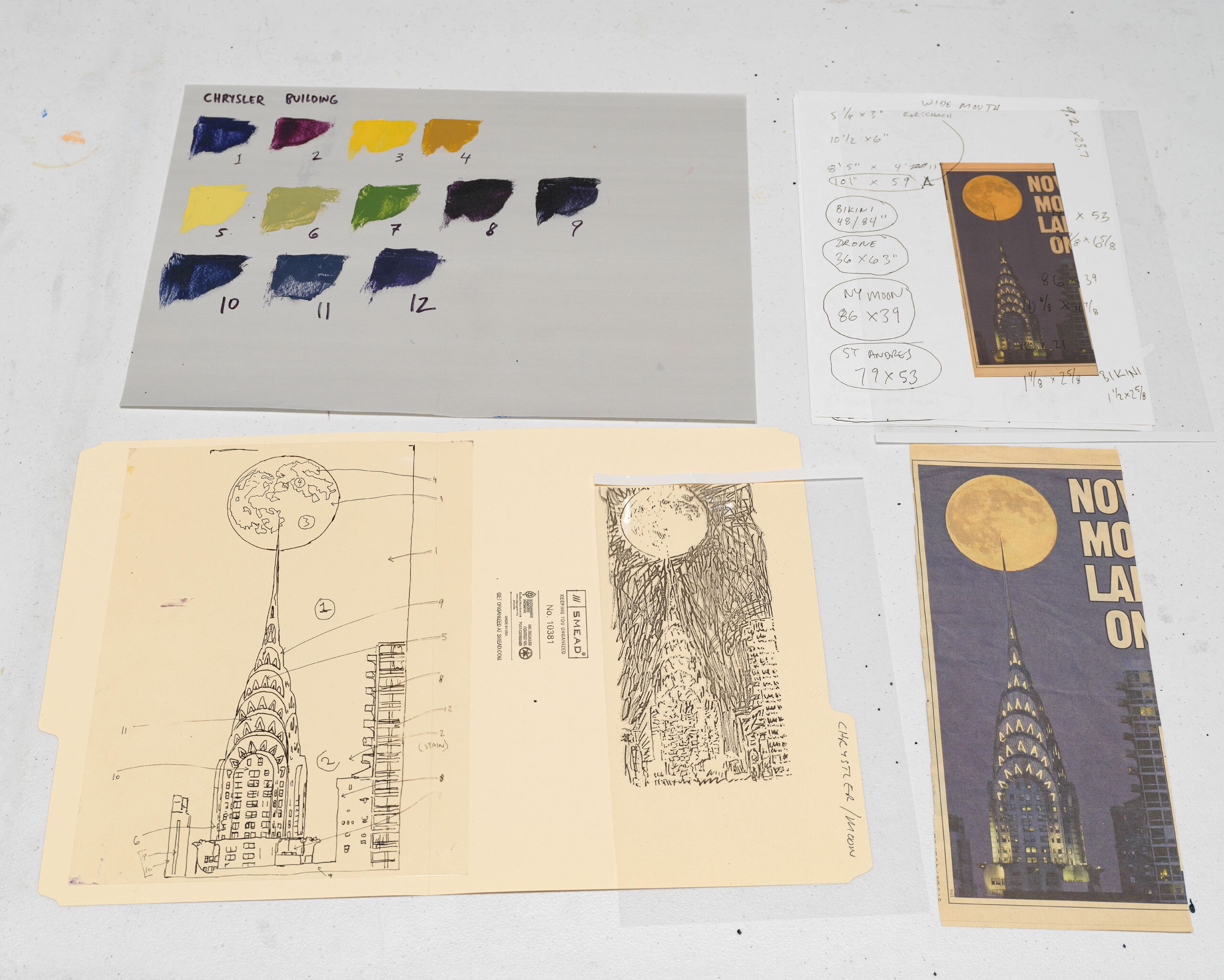 A detail of Nate Lowman’s workspace featuring reference images, drawings, and color studies. Photo by Jeffrey Sturges