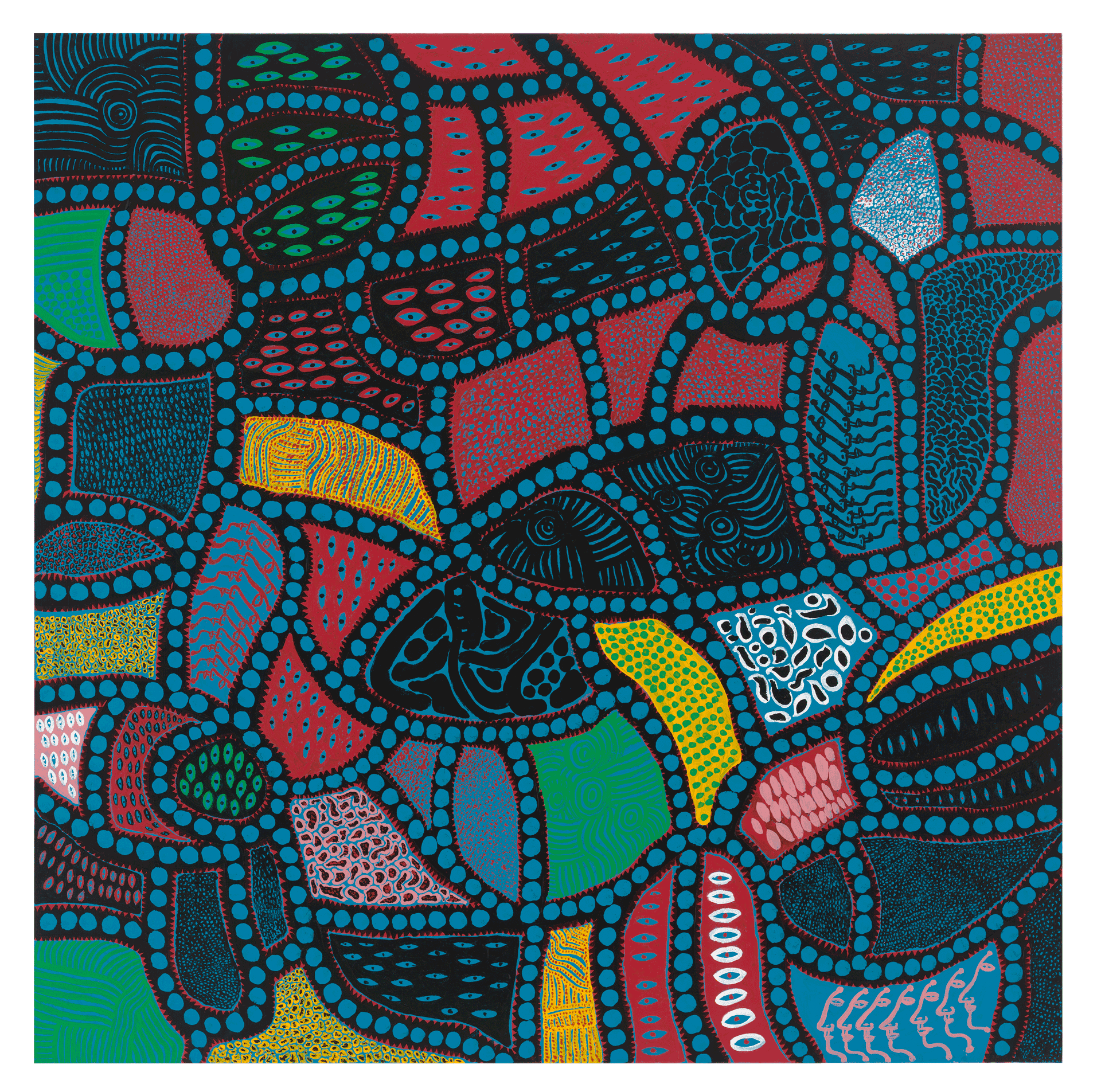 A painting by Yayoi Kusama, titled WANTING TO DIE AT THE LAND OF GLORY, dated 2014.