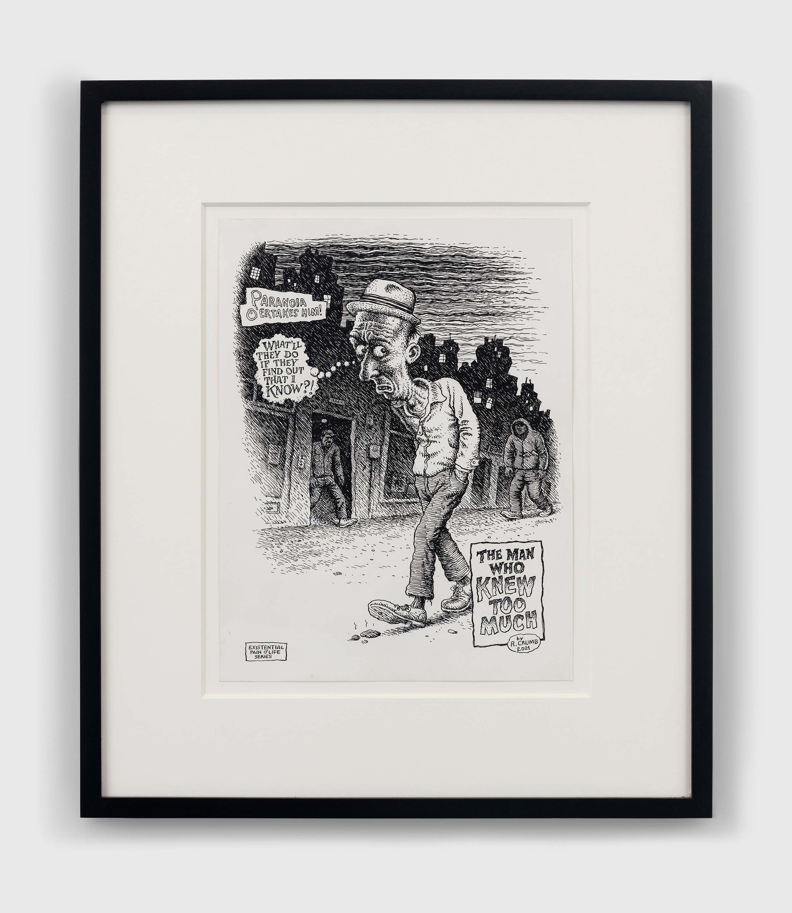 An ink and correction fluid on paper artwork by R. Crumb, titled The Man Who Knew Too Much, dated 2021.