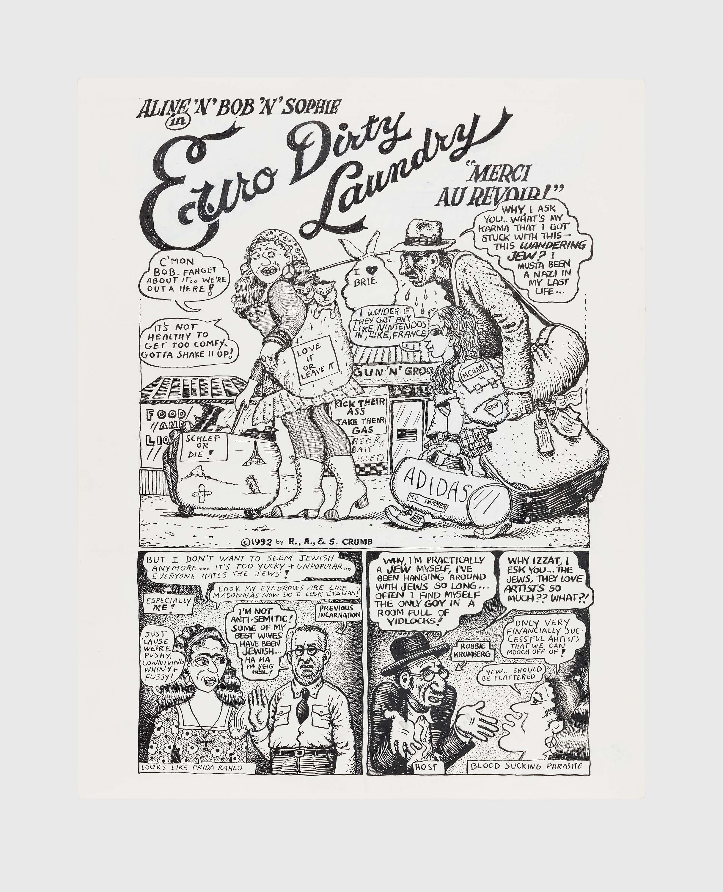 A 15-page ink, correction fluid, and collage on paper byAline Kominsky-Crumb, R. Crumb, and Sophie Crumb, titled Aline 'n' Bob 'n' Sophie in Euro-Dirty Laundry: "Merci au Revoir", dated 1992.