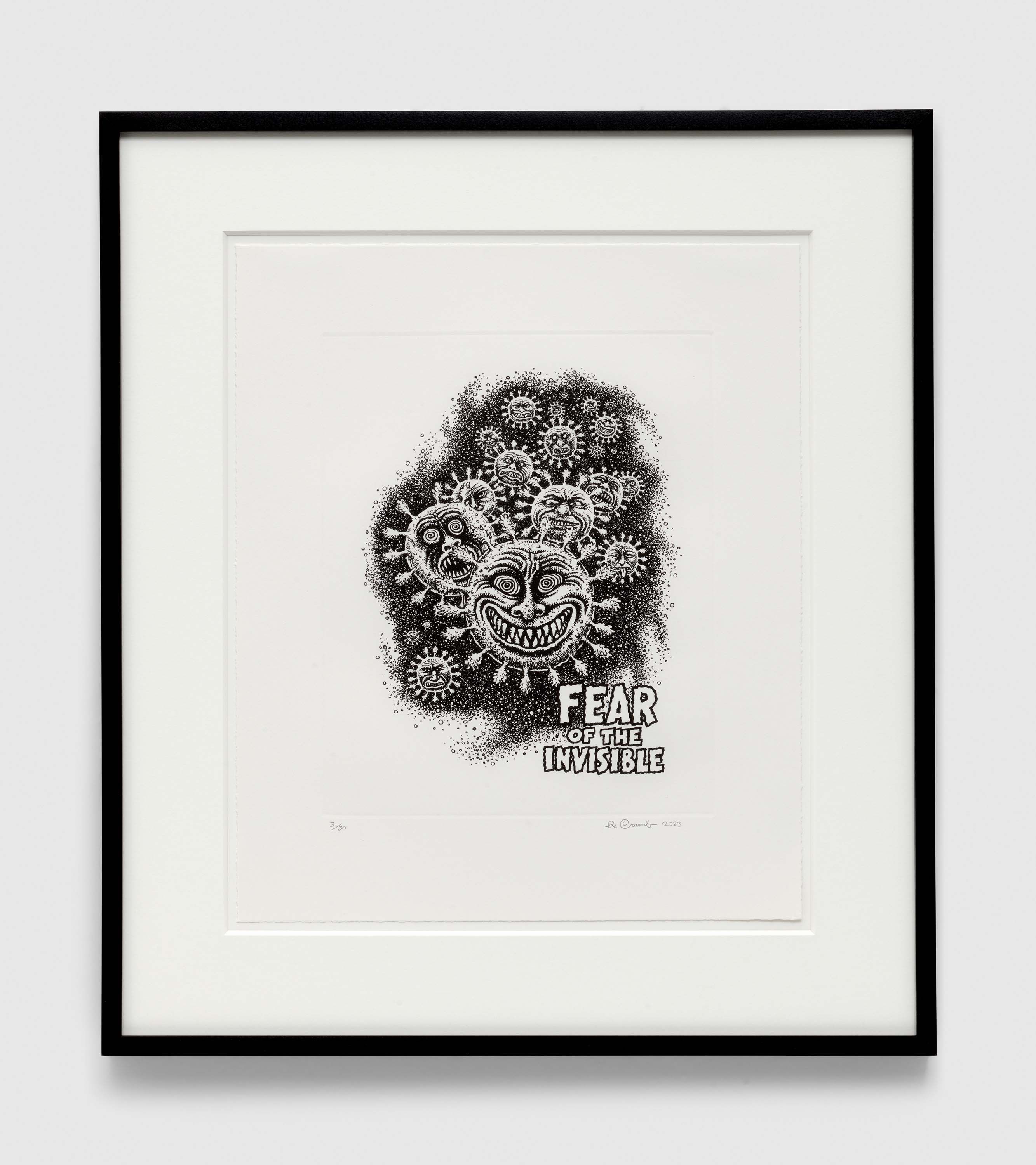 A print by R. Crumb, titled Fear of the Invisible, dated 2023.