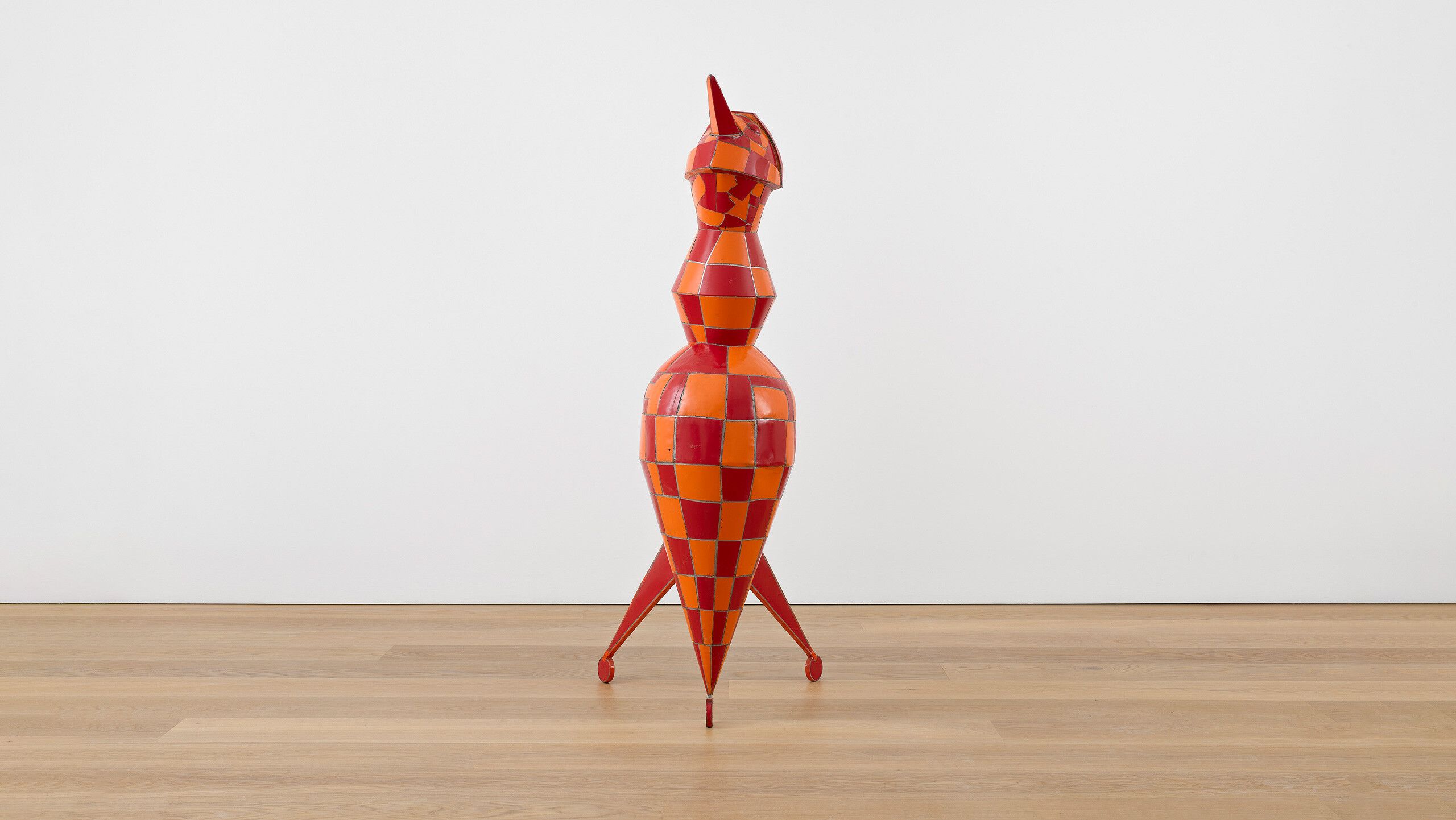A sculpture by Marcel Dzama, title Red knight #1, dated 2016.