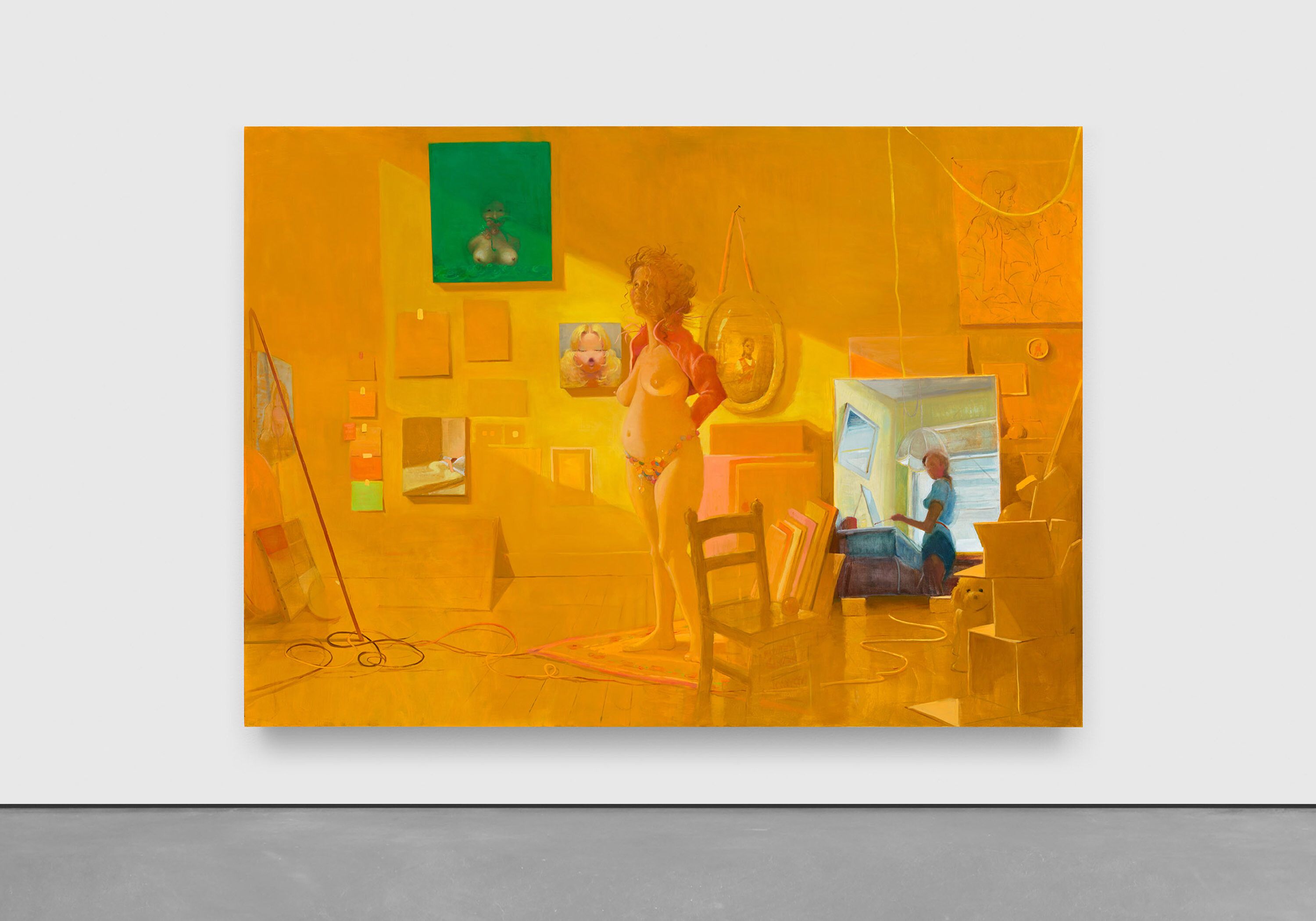 A painting by Lisa Yuskavage, titled Golden Studio, dated 2023.