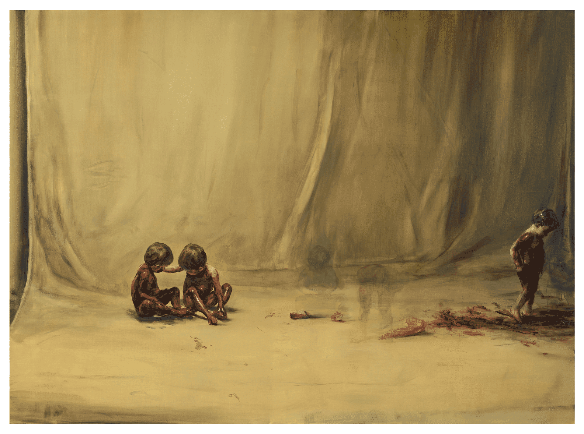 A painting by Michaël Borremans, titled Fire From the Sun (Three Figures, Two 1/2 Limbs), dated 2017.