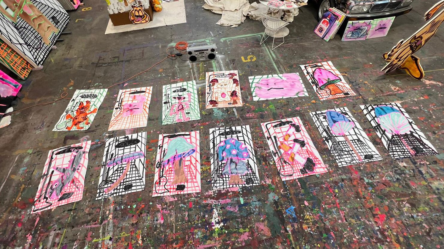 A spread of works for Katherine Berhardt in her studio