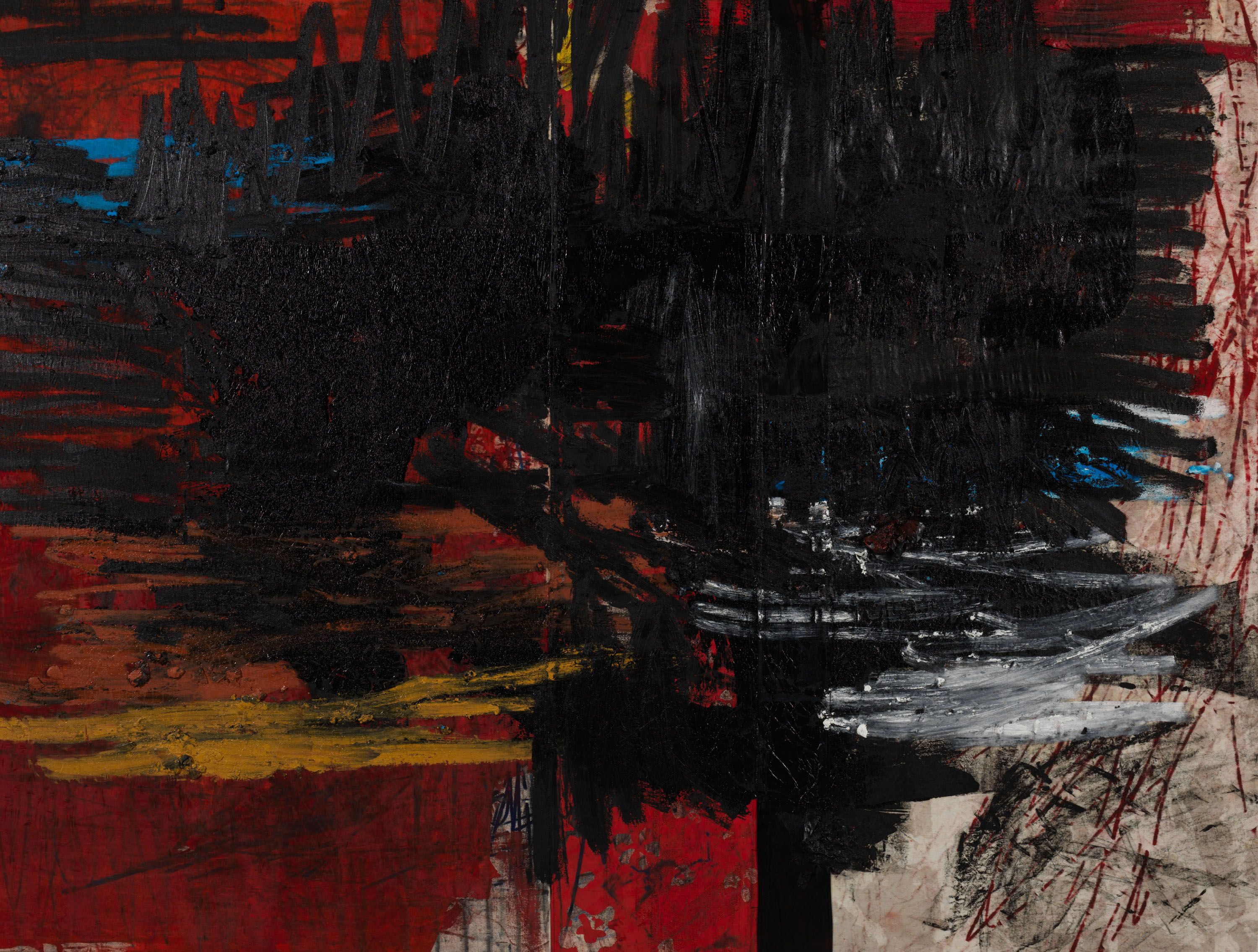 A detail from a painting by Oscar Murillo, titled manifestation, dated 2018-2019