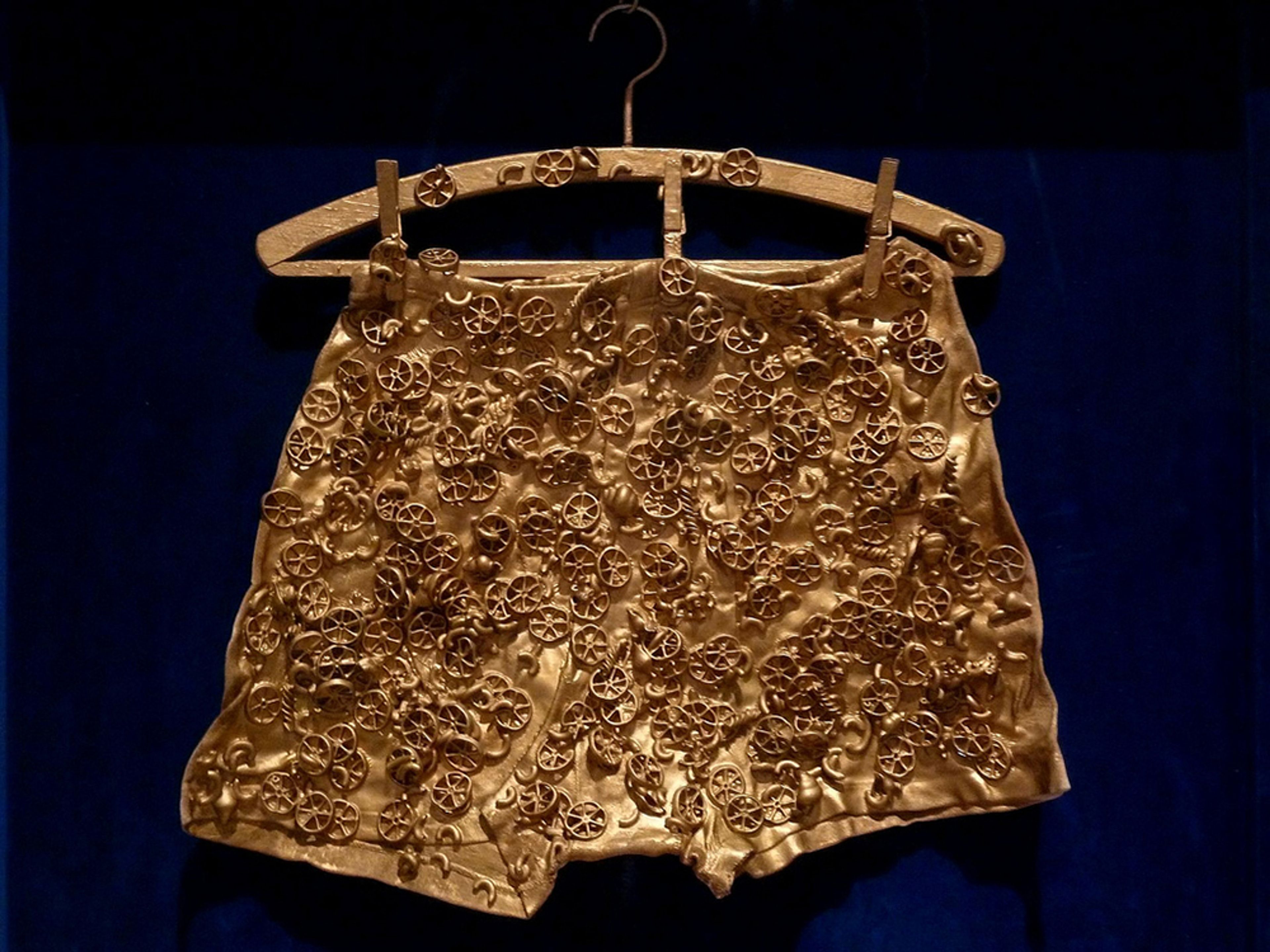 A sculpture by Yayoi Kusama, titled Macaroni Pants, dated 1968.